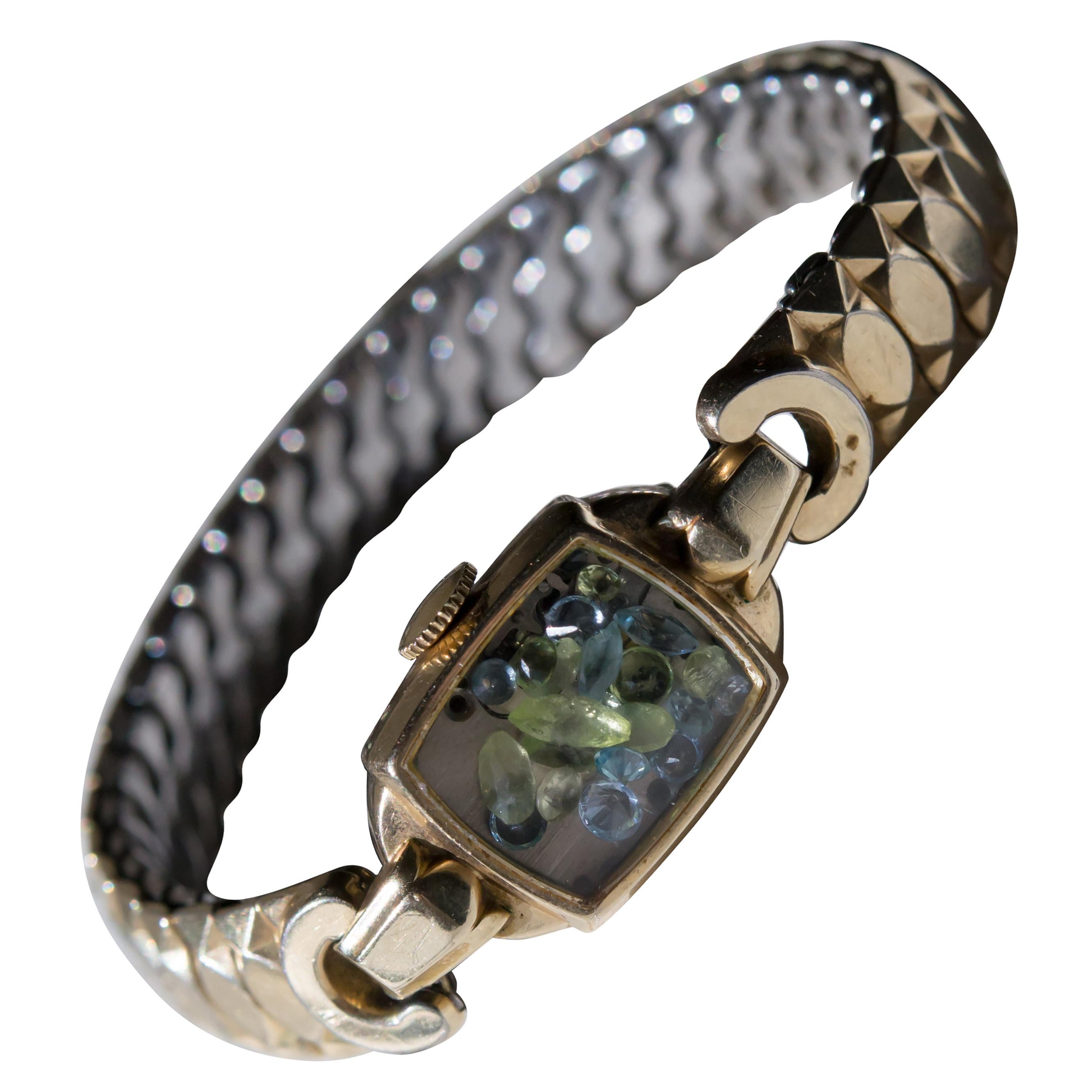 Antique Fine Watch Talisman Bracelet Filled with Vintage Topaz and Peridot  For Sale
