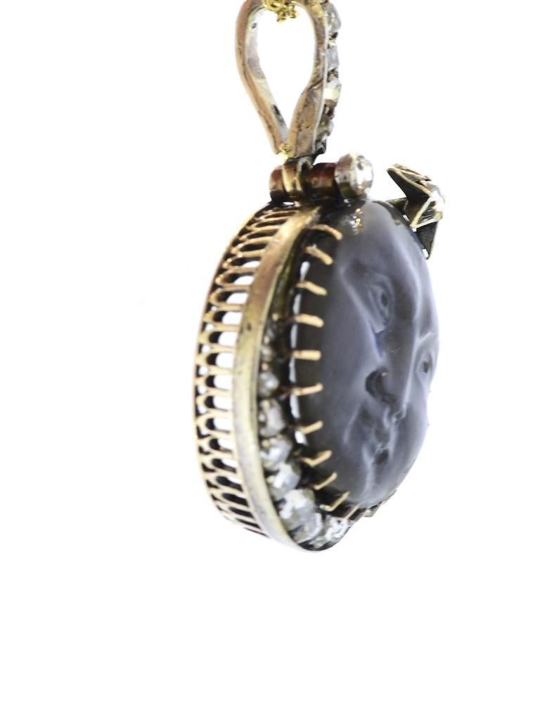 Pendentif ancien en labradorite finement sculptée Man in the MoonRose Diamond, c. 1888 en vente 2