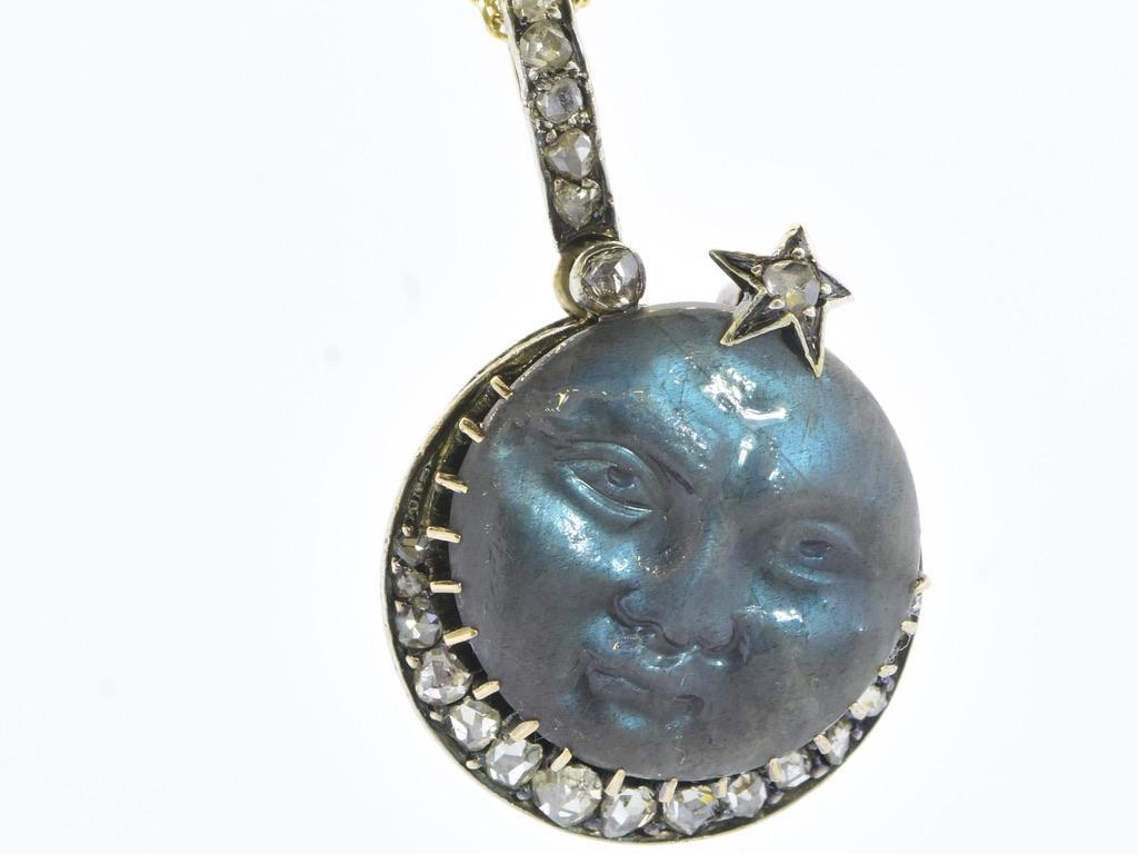 Pendentif ancien en labradorite finement sculptée Man in the MoonRose Diamond, c. 1888 en vente 3