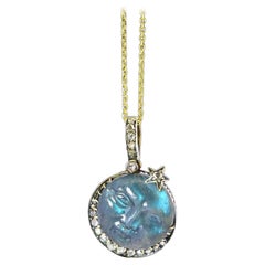 Antique Finely Carved Labradorite Man in the MoonRose Diamond Pendant, c. 1888