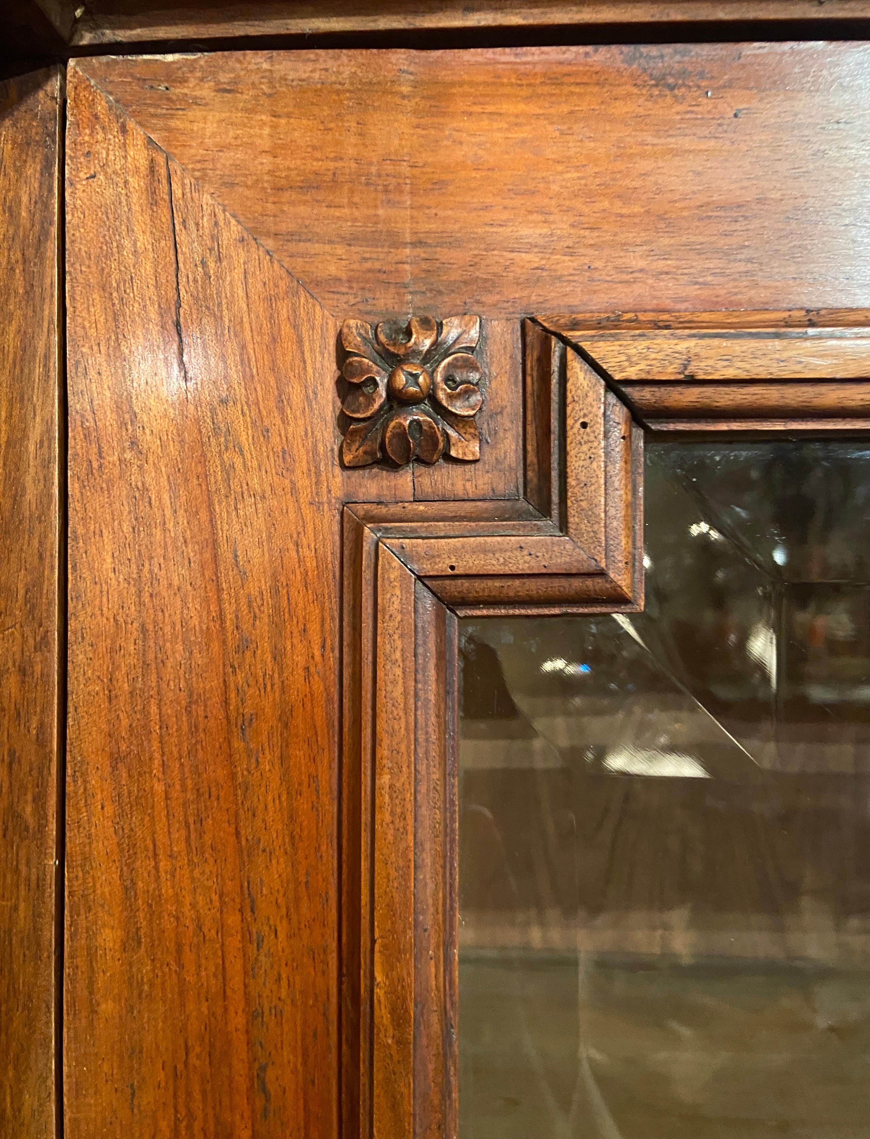 19th Century Antique Finely Carved Walnut Bookcase with Beveled Glass Front For Sale