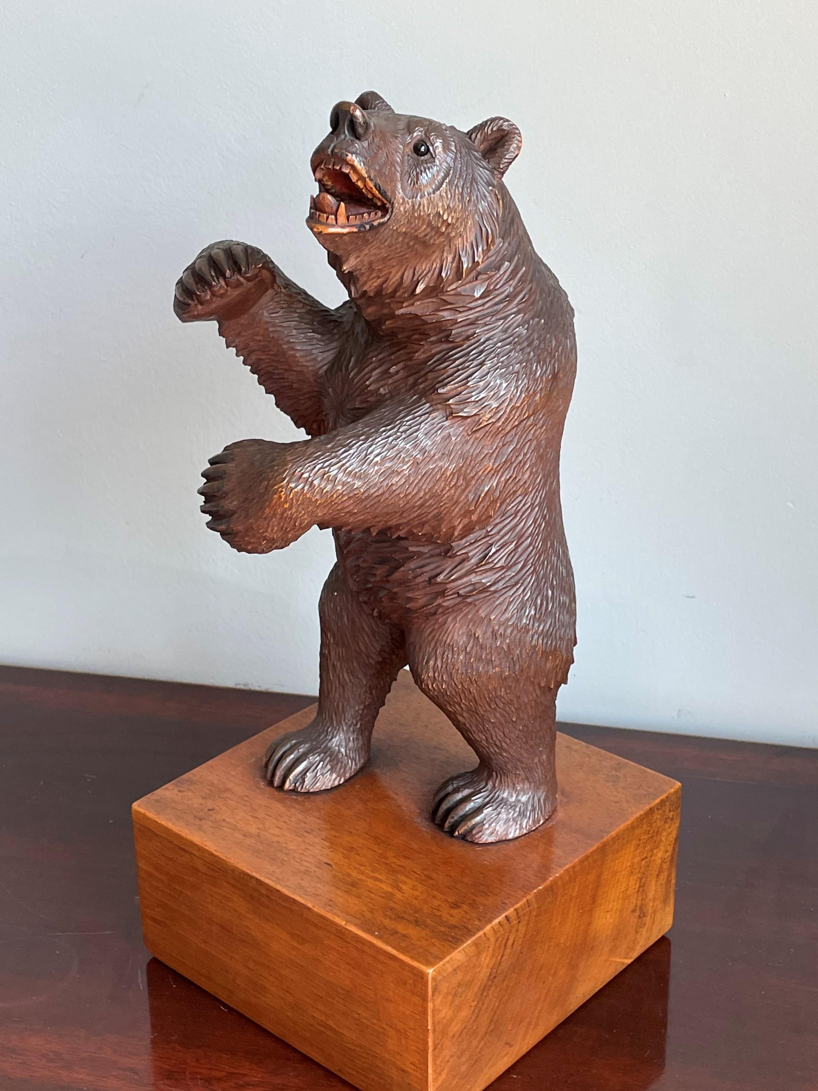 Glass Antique Finer Quality Carved Black Forest Bear Sculpture / Striking Deskpiece For Sale