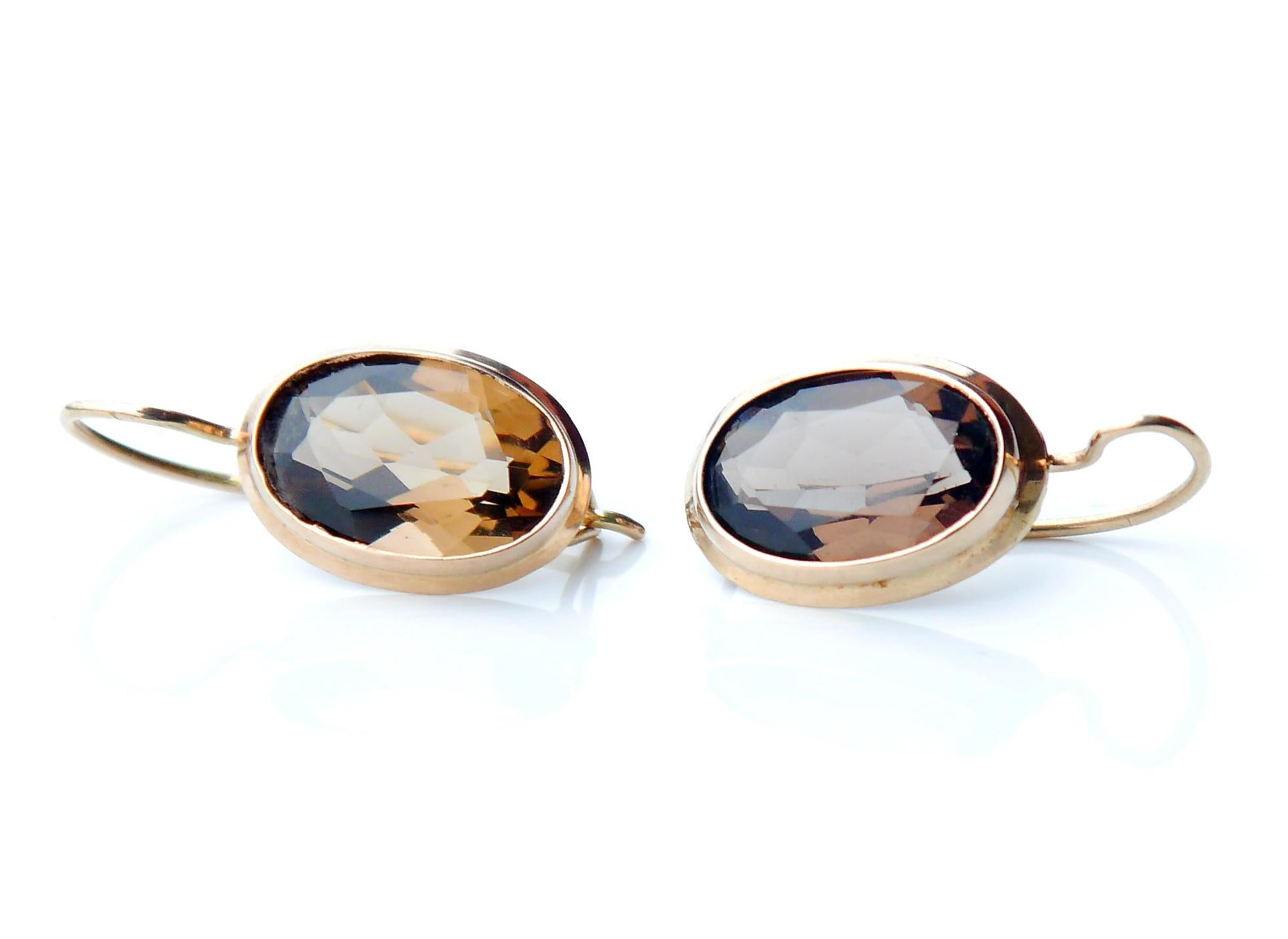 Jugendstil Antique Finish Dangle Earrings Smoky Quartz solid 14K Rose Gold /2.3gr For Sale