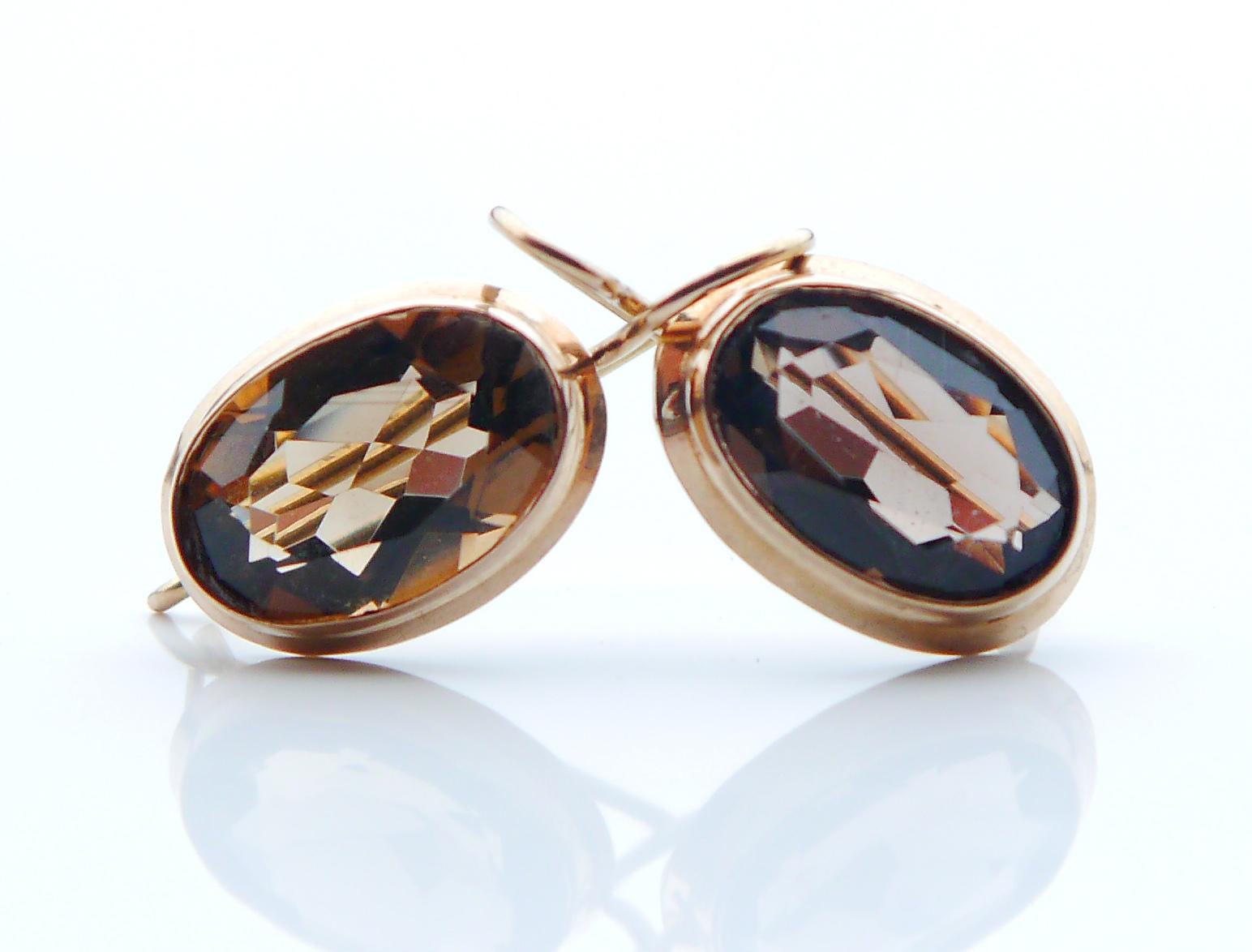 Women's Antique Finish Dangle Earrings Smoky Quartz solid 14K Rose Gold /2.3gr For Sale