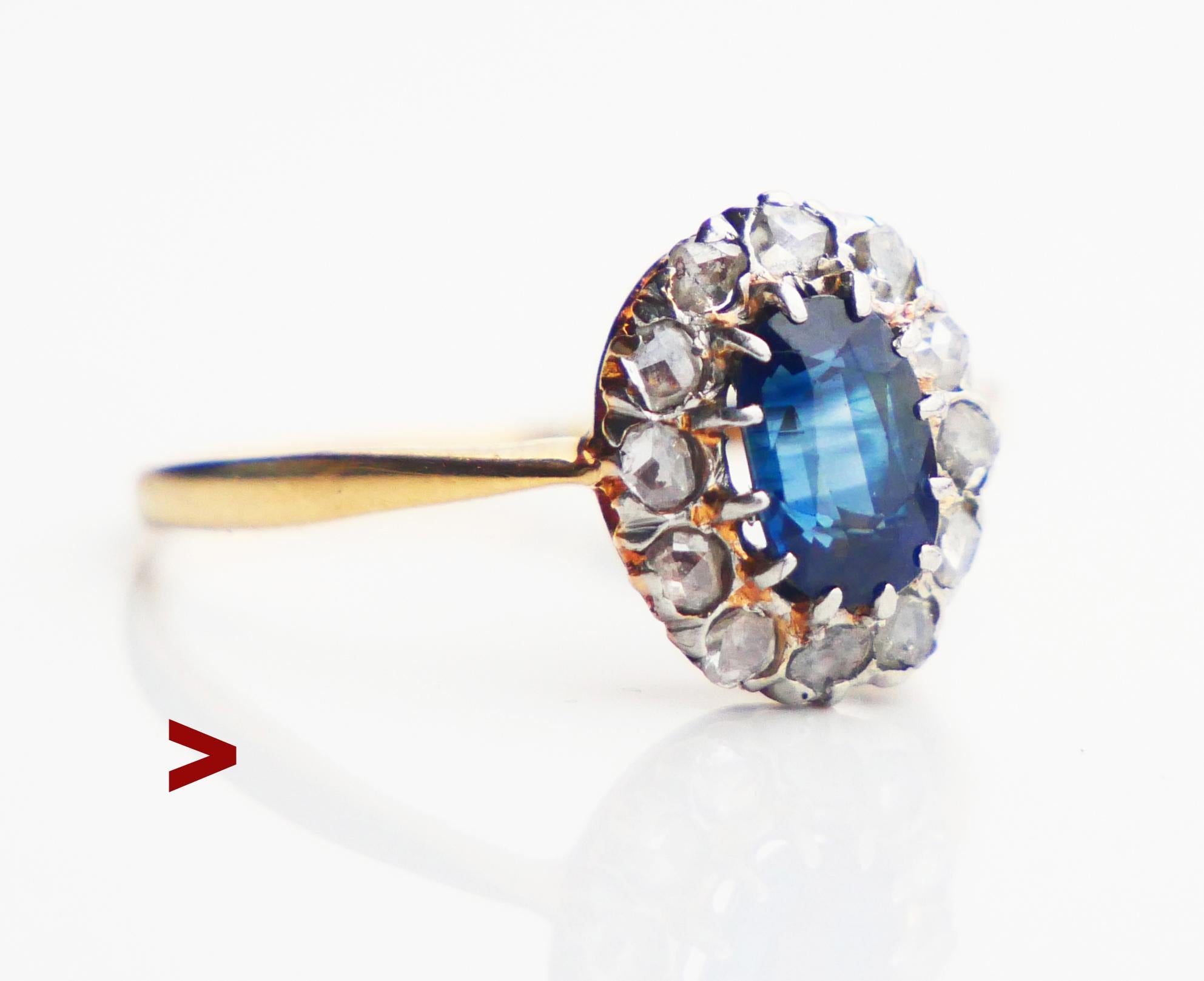 Halo Ring with natural Blue Sapphire and 12 rose-cut Diamonds.

Finish hallmarks, 18K (tested), date combination is not clear to read, likely hand-made between the 1920s - 1950s

Crown in White Gold or Silver measures 10.6 mm x 9 mm x 5.3 mm