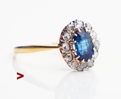 Anello aureola con finitura antica, zaffiro naturale da 1,3 carati e diamanti in oro massiccio 18 carati Ø 6,25US