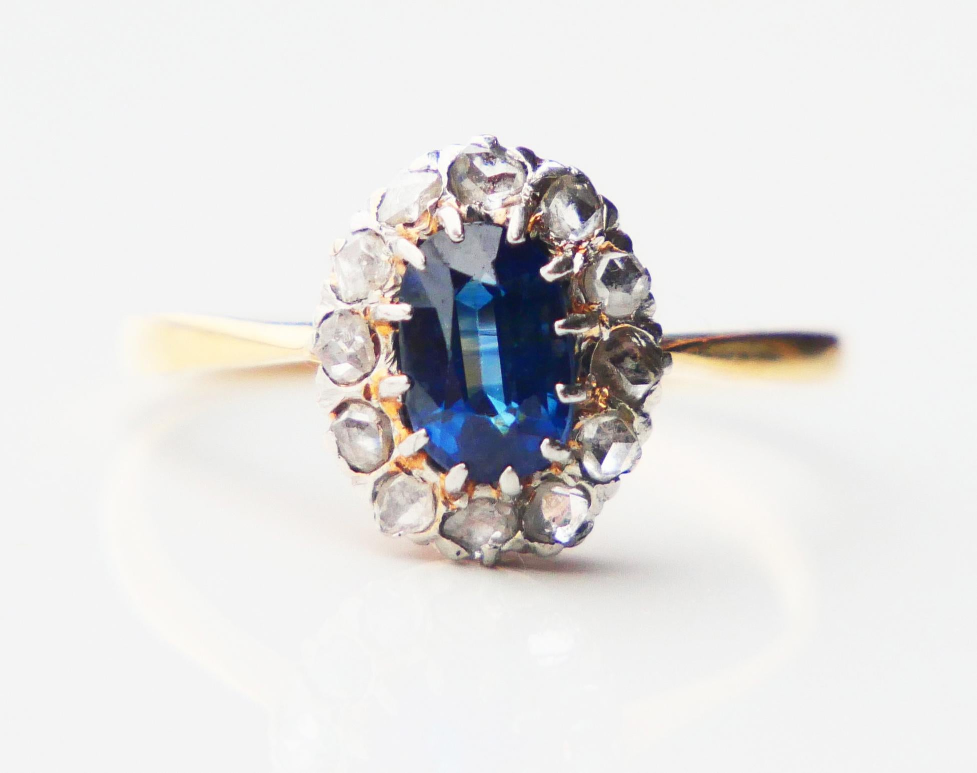 Art Deco Antique Finish Halo Ring natural 1.3ct Sapphire Diamonds solid 18K Gold Ø 6.25US For Sale