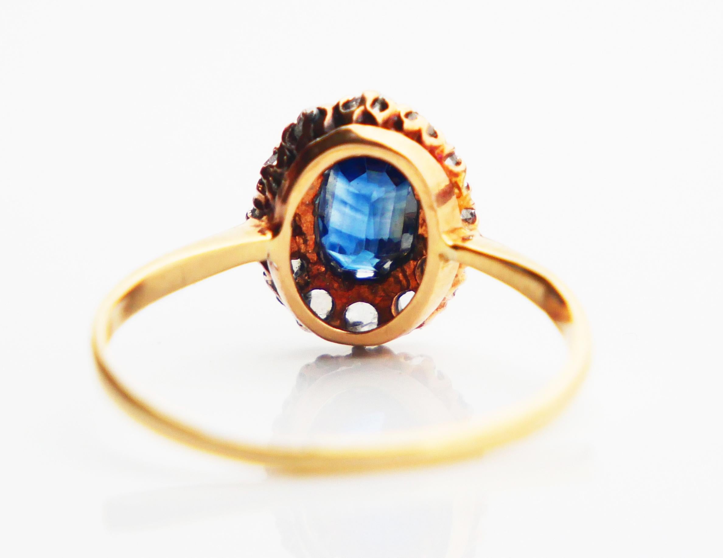 Oval Cut Antique Finish Halo Ring natural 1.3ct Sapphire Diamonds solid 18K Gold Ø 6.25US For Sale