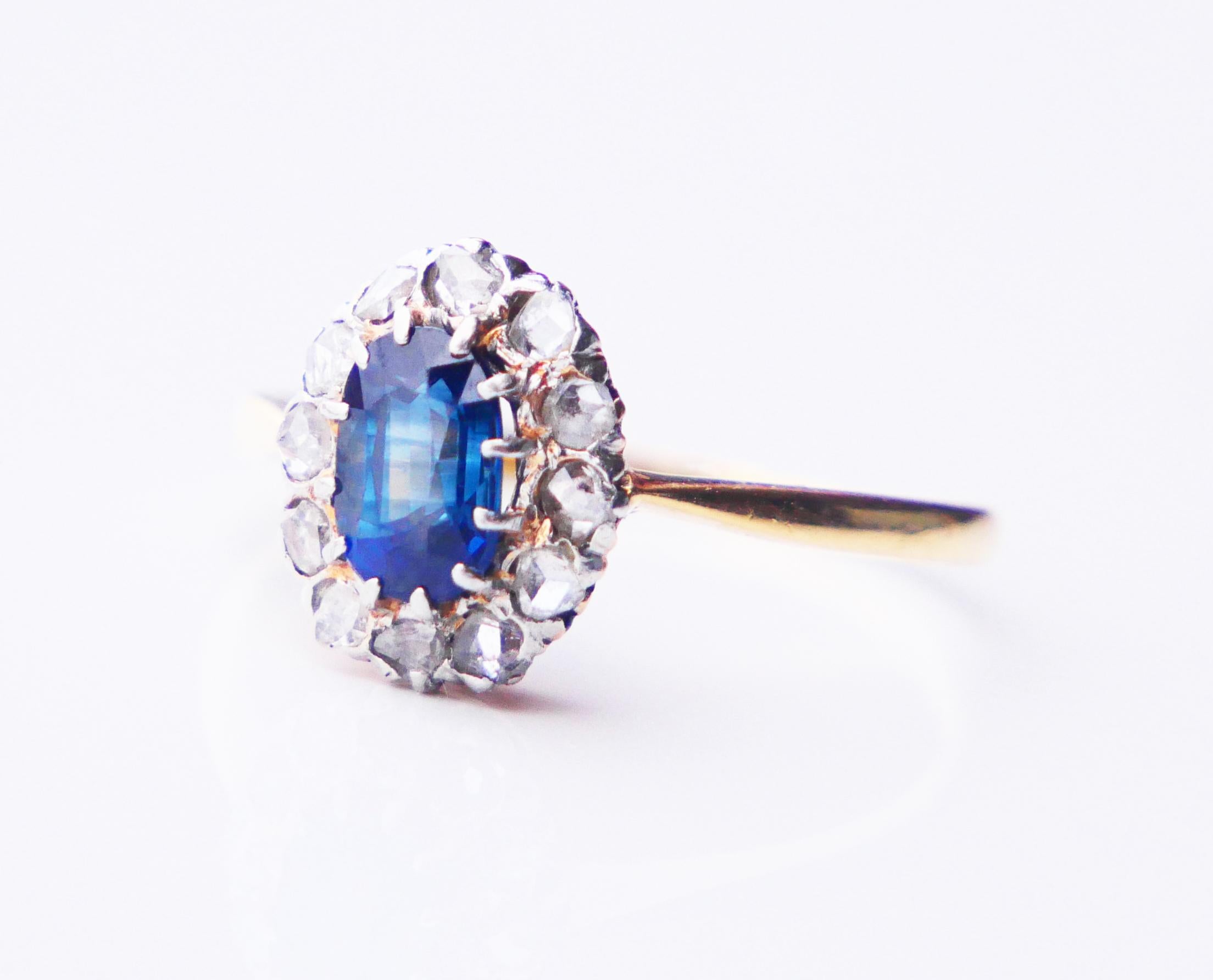 Women's Antique Finish Halo Ring natural 1.3ct Sapphire Diamonds solid 18K Gold Ø 6.25US For Sale