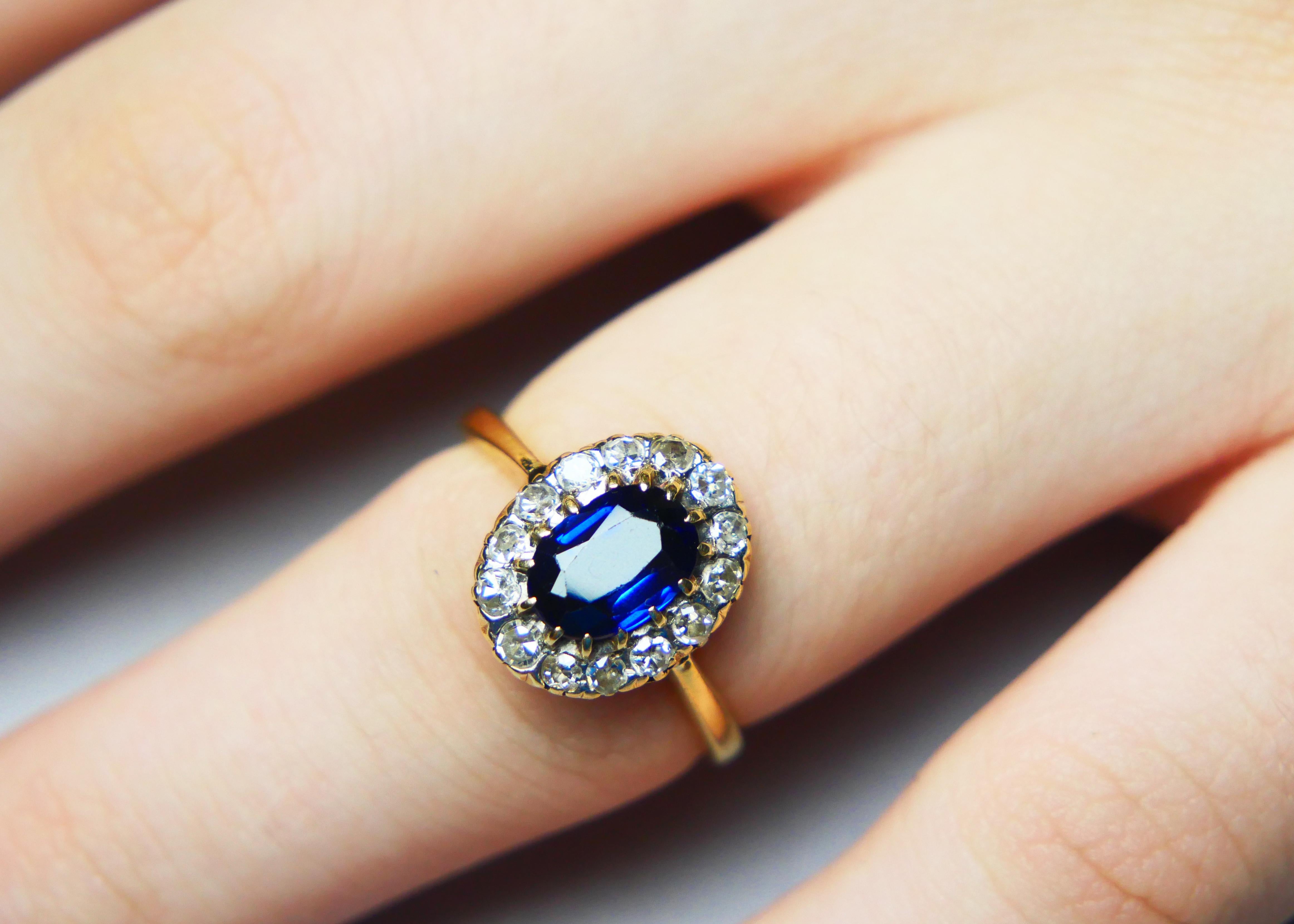 Antique Finish Halo Ring natural 1.3ct Sapphire Diamonds solid 18K Gold Ø 6.25US For Sale 1