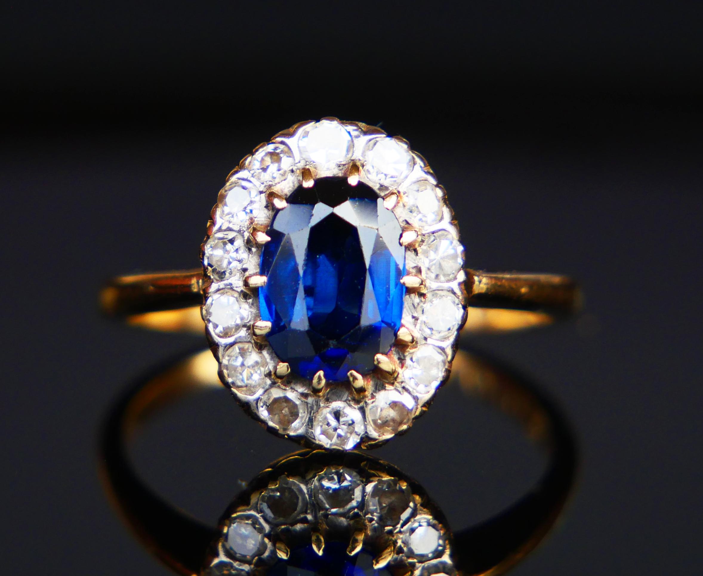 Antique Finish Halo Ring natural 1.3ct Sapphire Diamonds solid 18K Gold Ø 6.25US For Sale 2