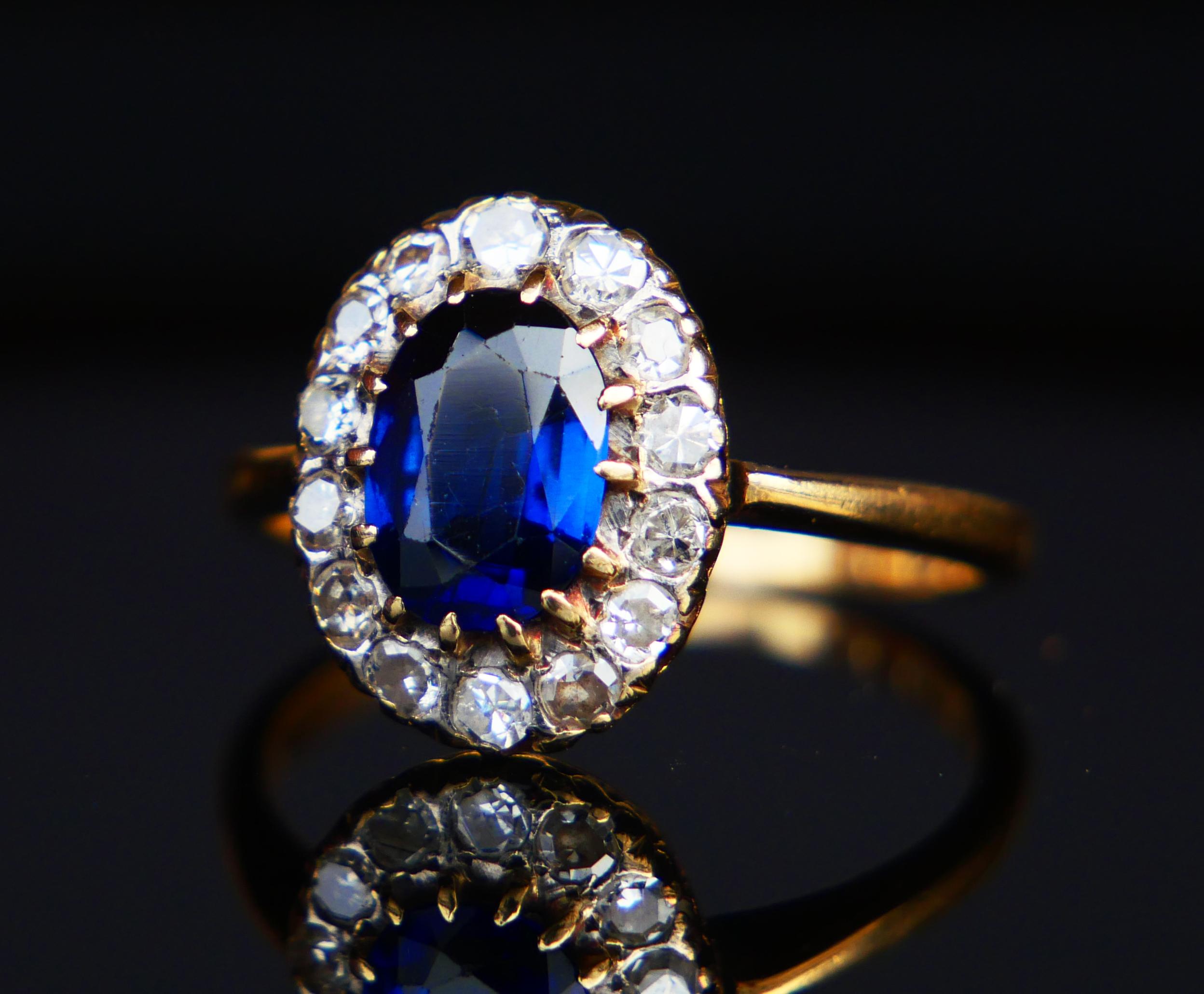 Antique Finish Halo Ring natural 1.3ct Sapphire Diamonds solid 18K Gold Ø 6.25US For Sale 3