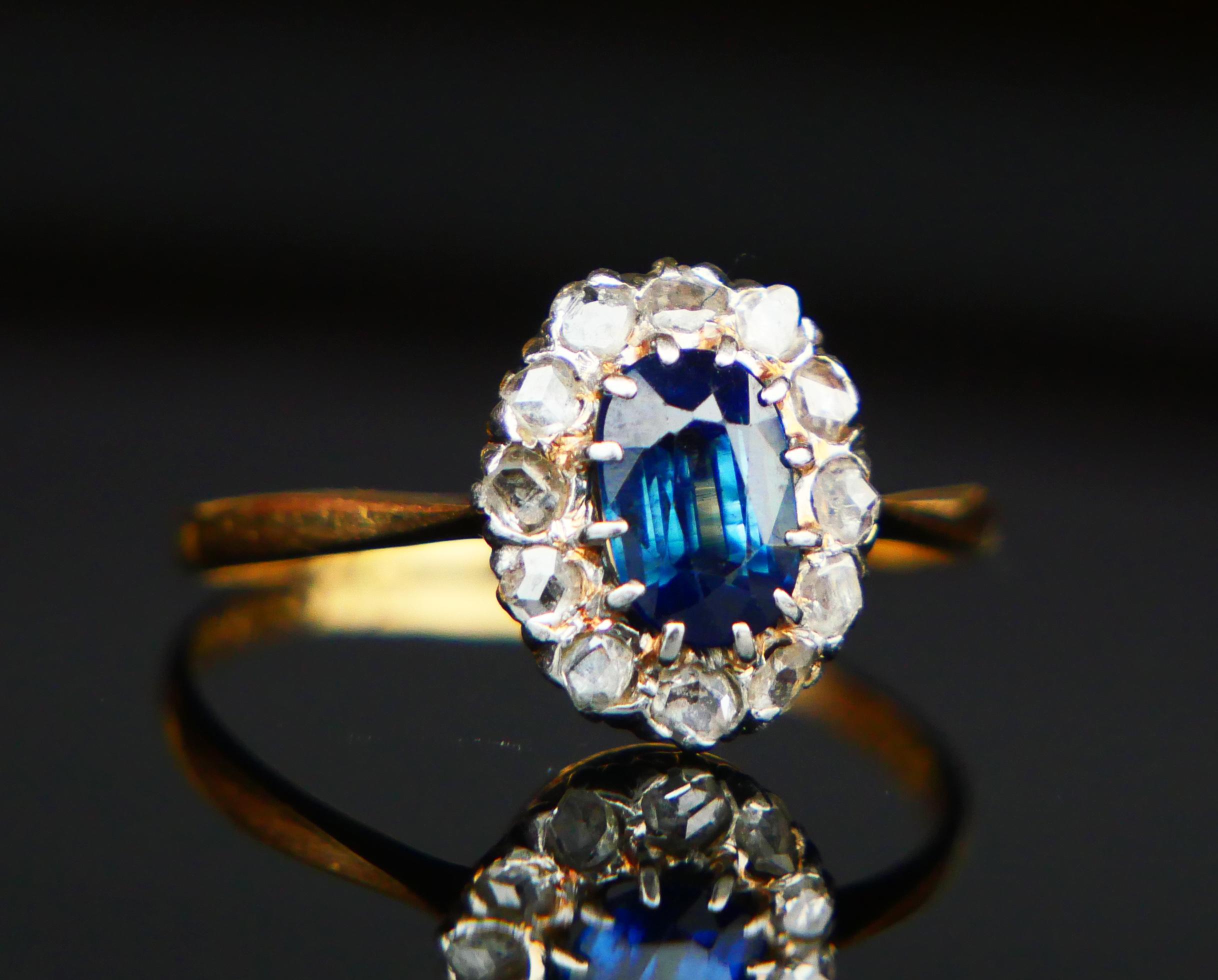 Antique Finish Halo Ring natural 1.3ct Sapphire Diamonds solid 18K Gold Ø 6.25US For Sale 4