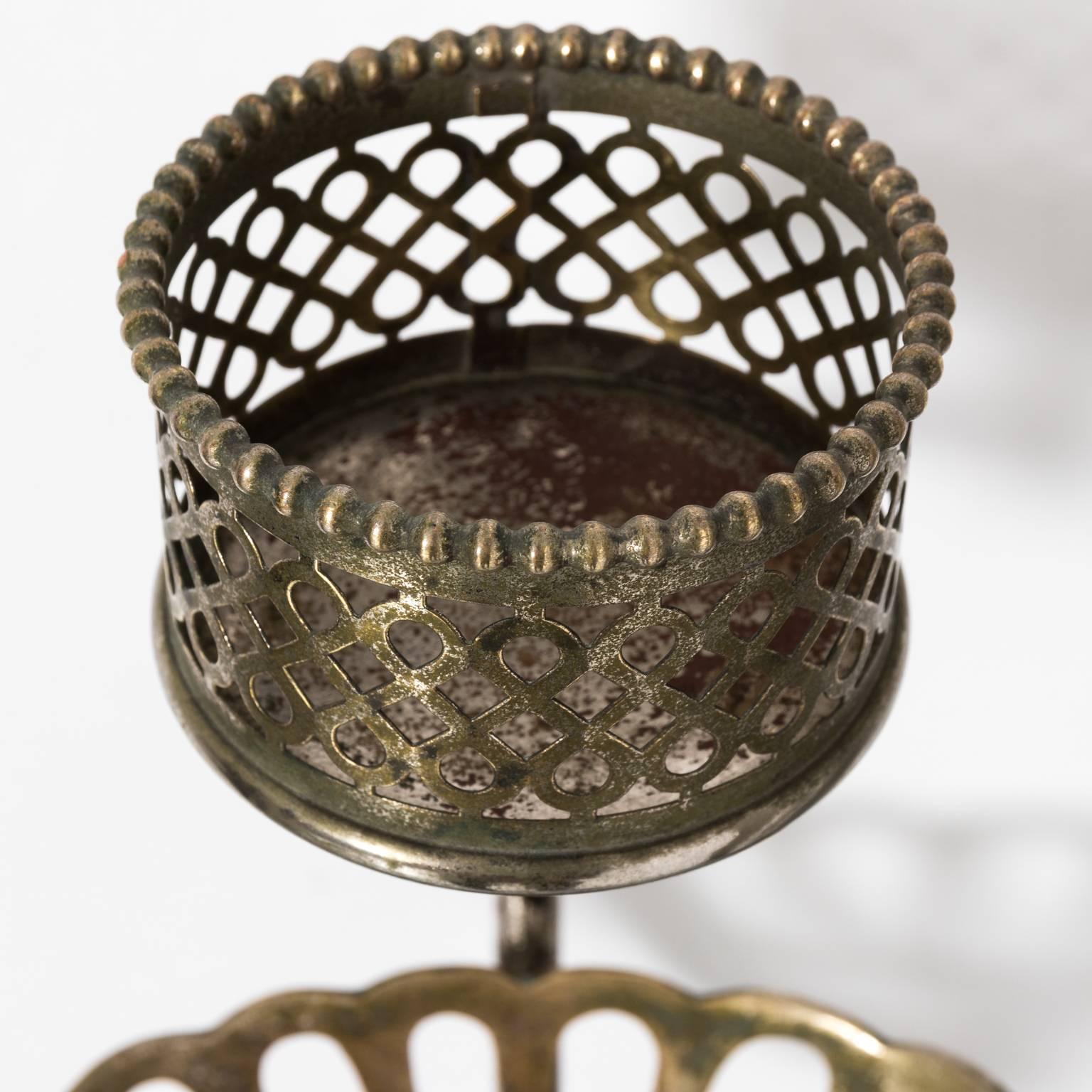 Beaded and reticulated cup and soap holder in original nickel-plated brass finish, circa 1900.
 
