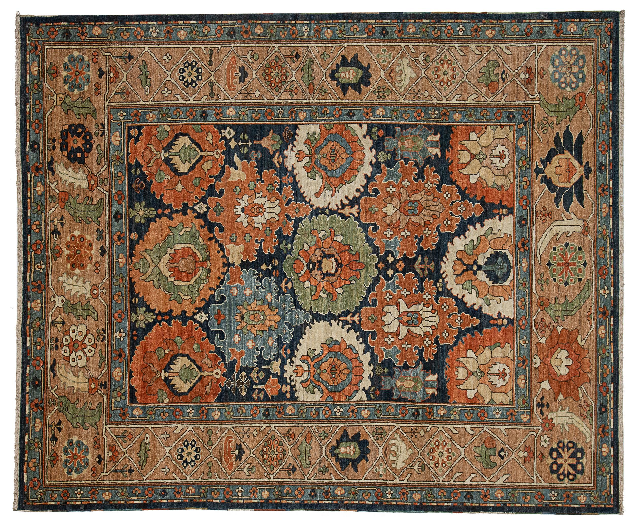 Antiker, lackierter Serapi-Teppich 313x260cm
Aus handgesponnener, mit Naturfarben gefärbter Wolle hergestellt, ist das blaue Grundfeld mit großen, verschiedenfarbigen Blumenmotiven im Allover-Format verziert. Die karamellfarbenen und hellblauen