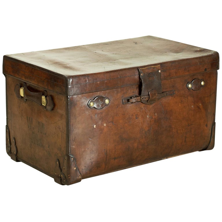 Antique Finnigans Leather Trunk Coffee, Vintage Leather Trunk