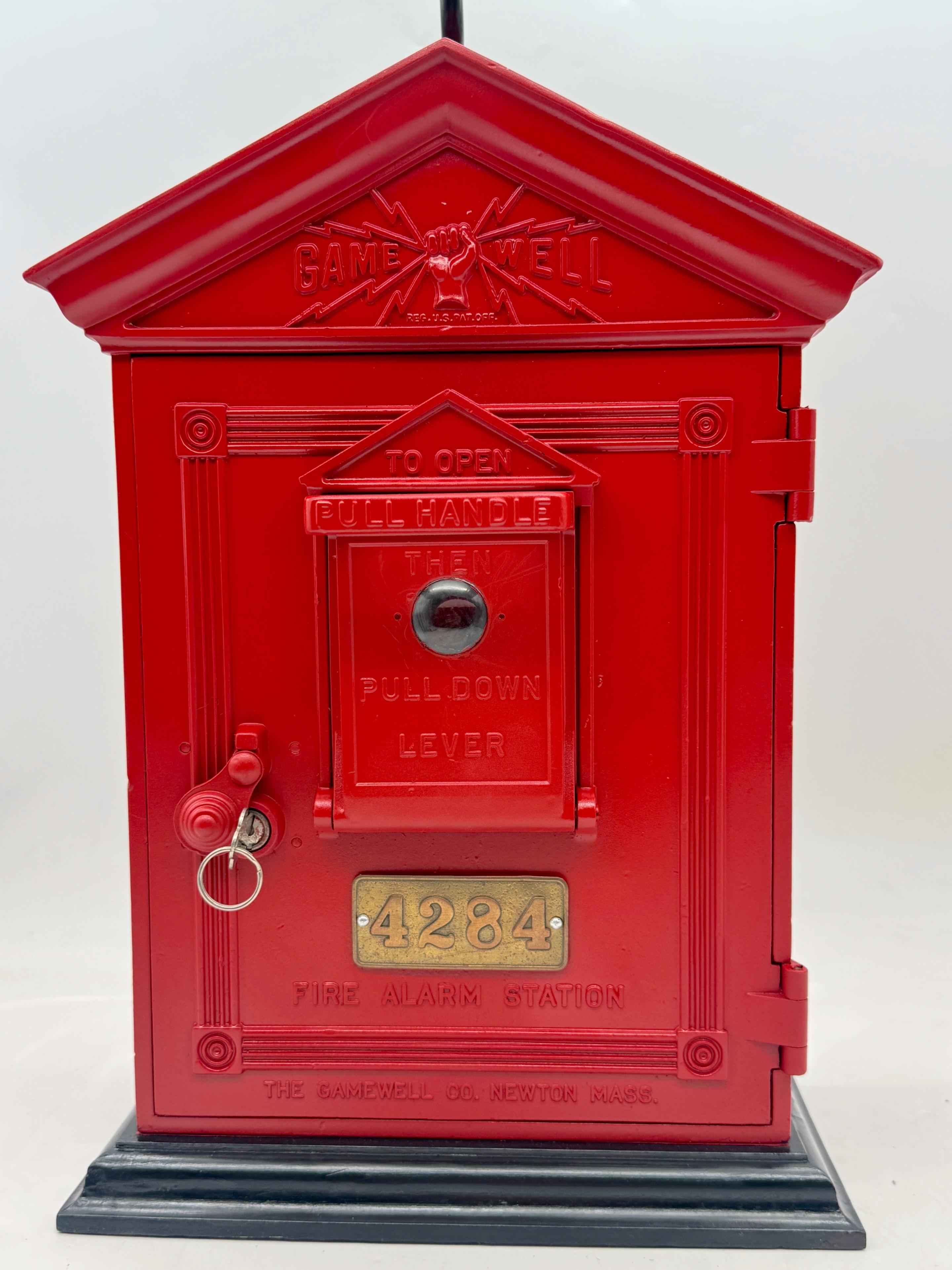 American Antique Fire Alarm Box Converted Lamp by Gamewell Co., Newton, MA, Circa 1930 For Sale