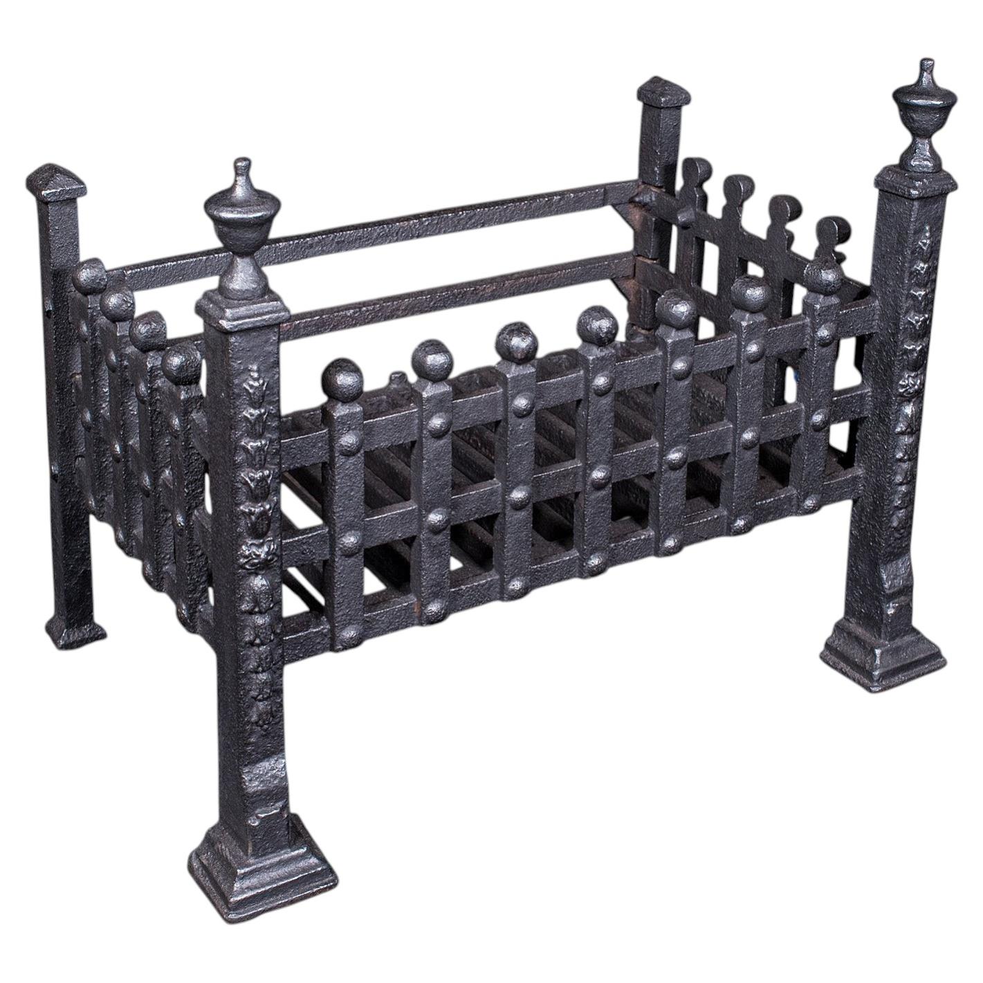 Antique Fire Basket, English, Wrought Iron Fireplace Grate, Victorian, C.1885