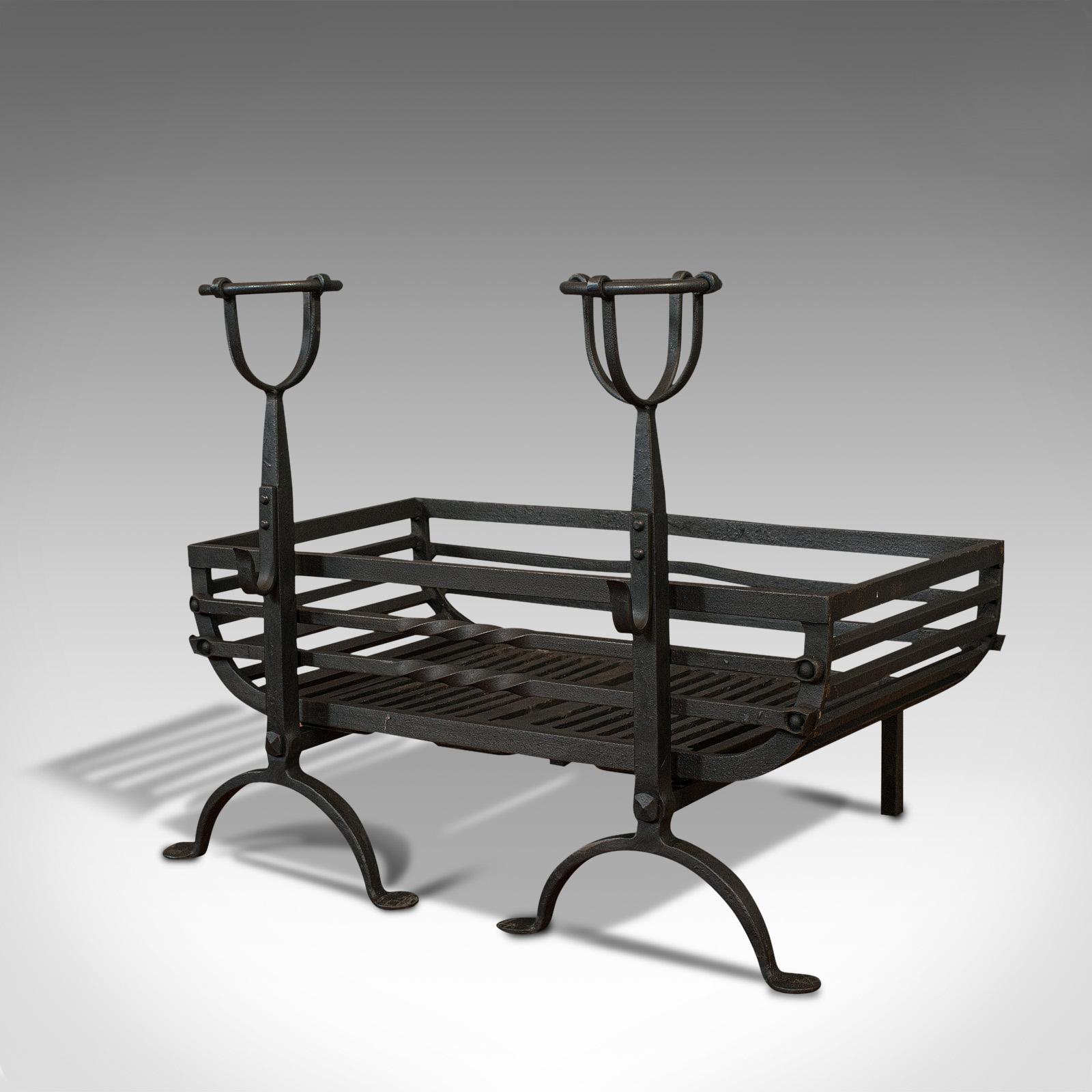 British Antique Fire Basket, Pair of Andirons, English, Iron, Fireside, Victorian, 1900