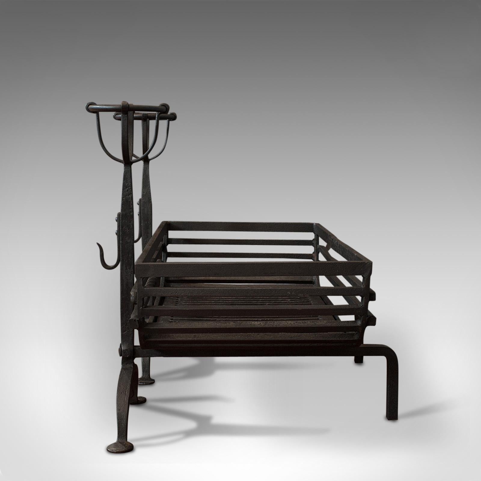 20th Century Antique Fire Basket, Pair of Andirons, English, Iron, Fireside, Victorian, 1900