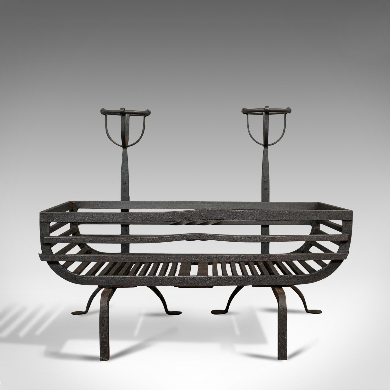 Antique Fire Basket, Pair of Andirons, English, Iron, Fireside, Victorian, 1900 1