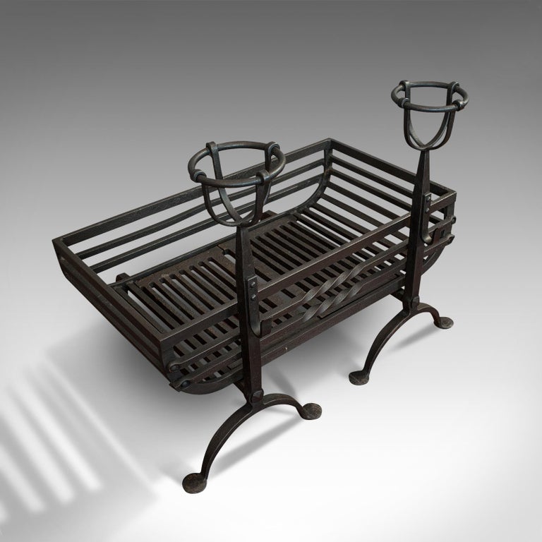 Antique Fire Basket, Pair of Andirons, English, Iron, Fireside