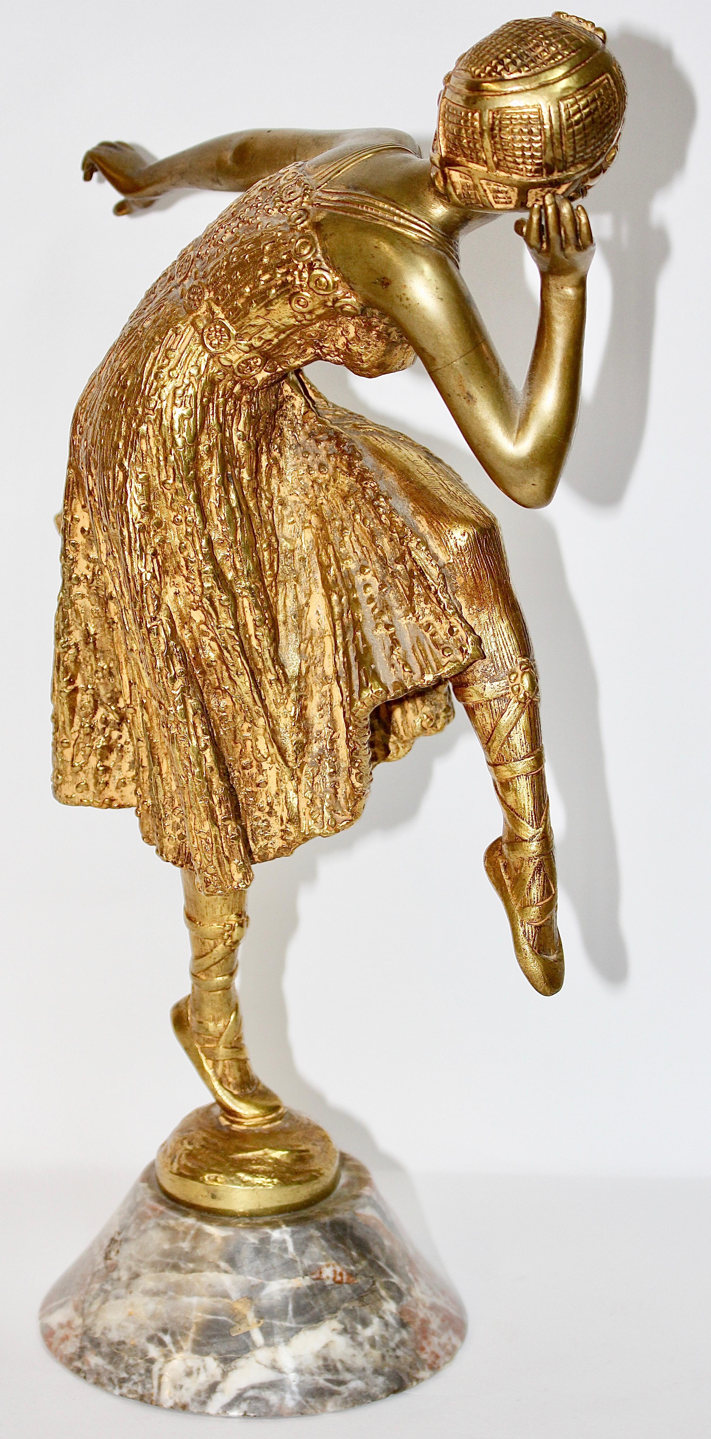 Escultura Antigua de Bronce Dorado al Fuego, Art Decó, Dama Bailarina Nouveau 