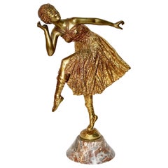 Escultura Antigua de Bronce Dorado al Fuego, Art Decó, Dama Bailarina Nouveau "Bousquet"