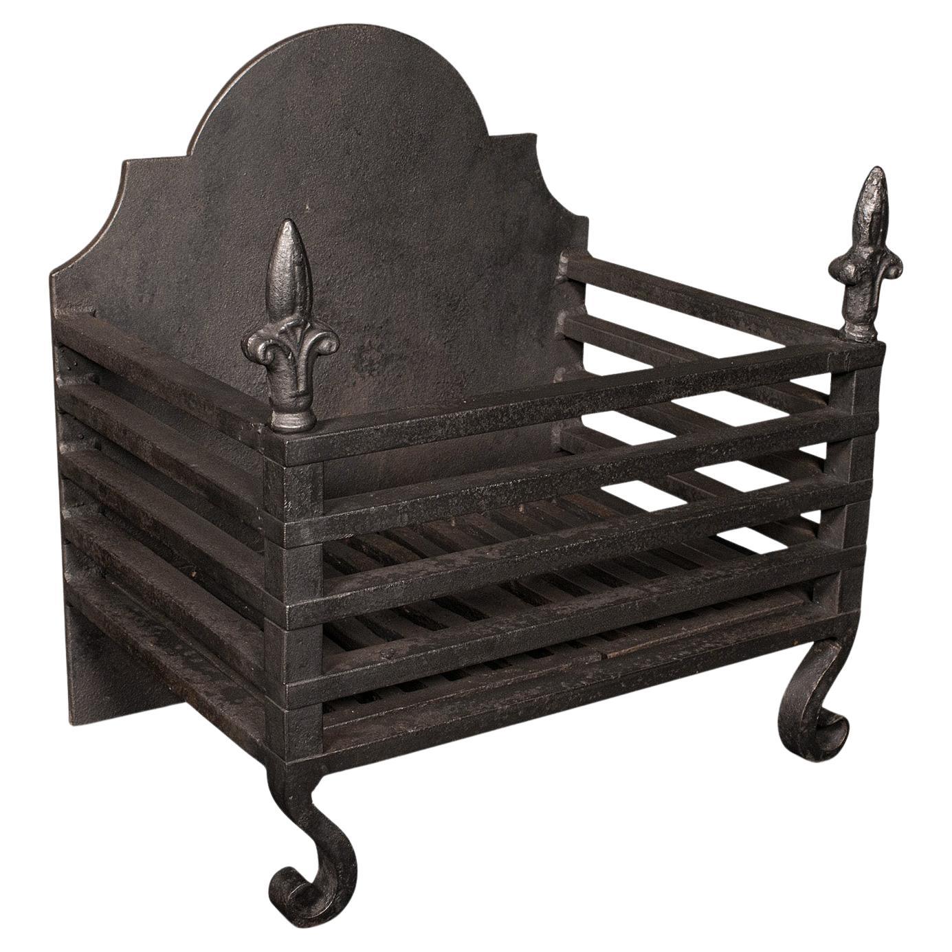 Antique Fire Grate, English, Cast Iron, Fireplace, Basket, Late Victorian, 1900