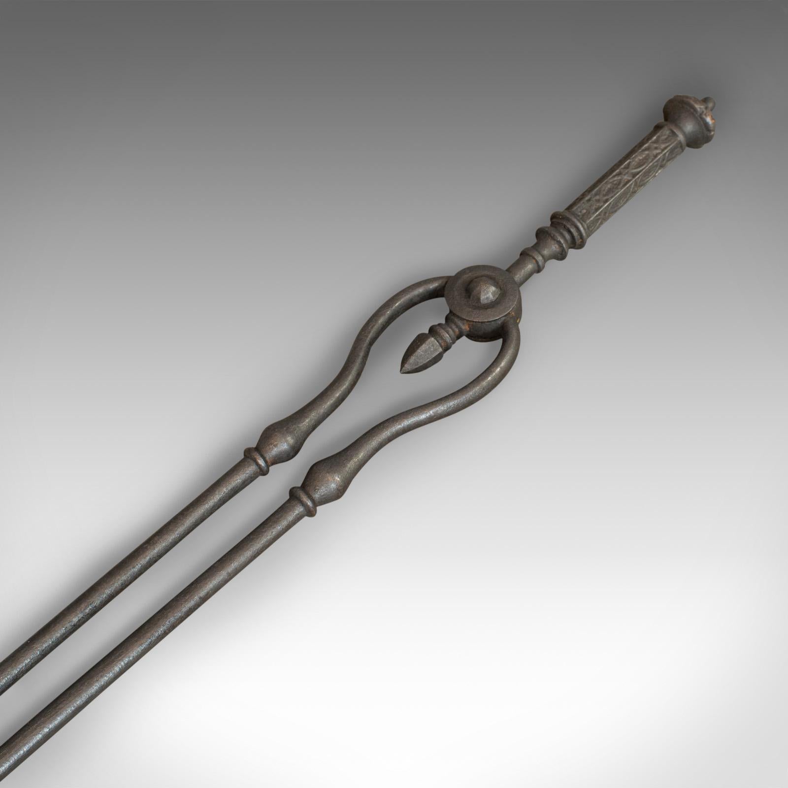 Antique Fire Kerb, Companion Tongs, English, Iron, Fireside Set, Victorian, 1850 For Sale 5