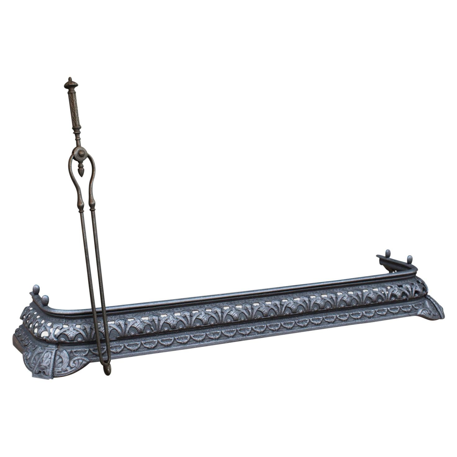 Antique Fire Kerb, Companion Tongs, English, Iron, Fireside Set, Victorian, 1850 For Sale