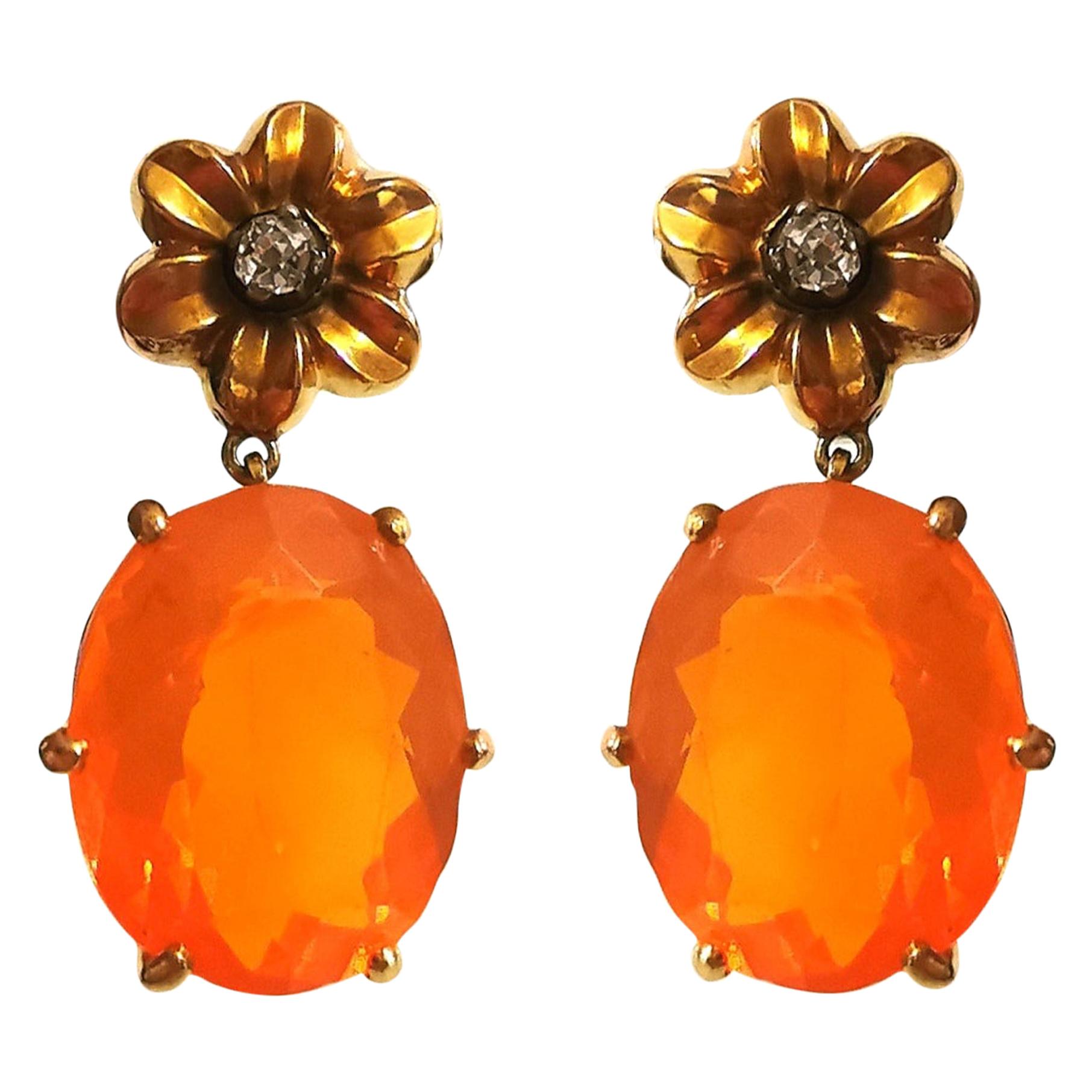 Antique Fire Opal on Diamond Yellow Gold Earrings