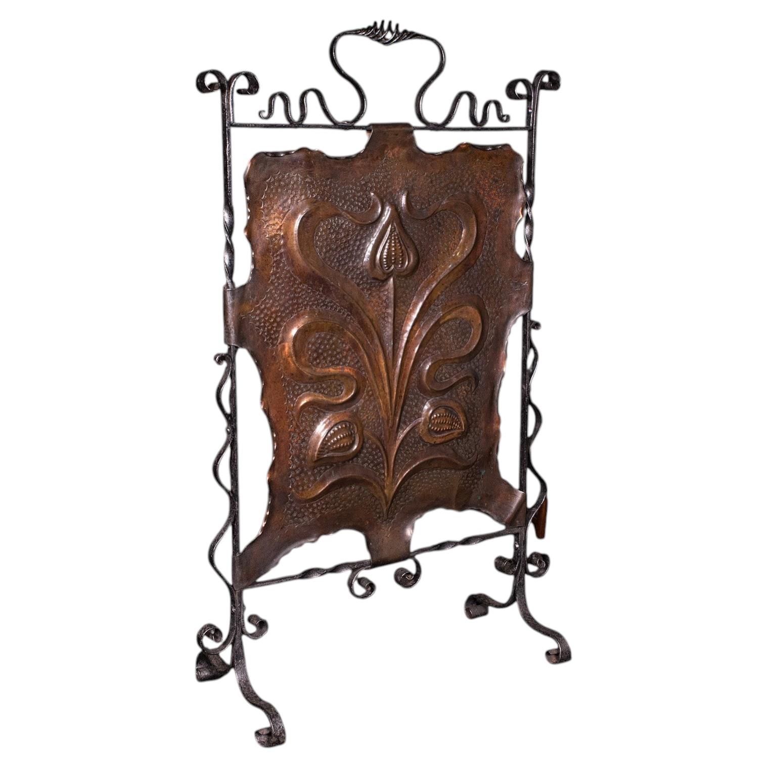 Antique Fire Screen, Art Nouveau, French, Fireplace Reflector, Copper, Victorian