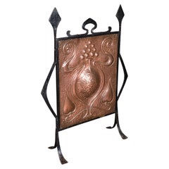 Antique Fire Screen, French, Copper, Fireplace Reflector, Art Nouveau, Victorian