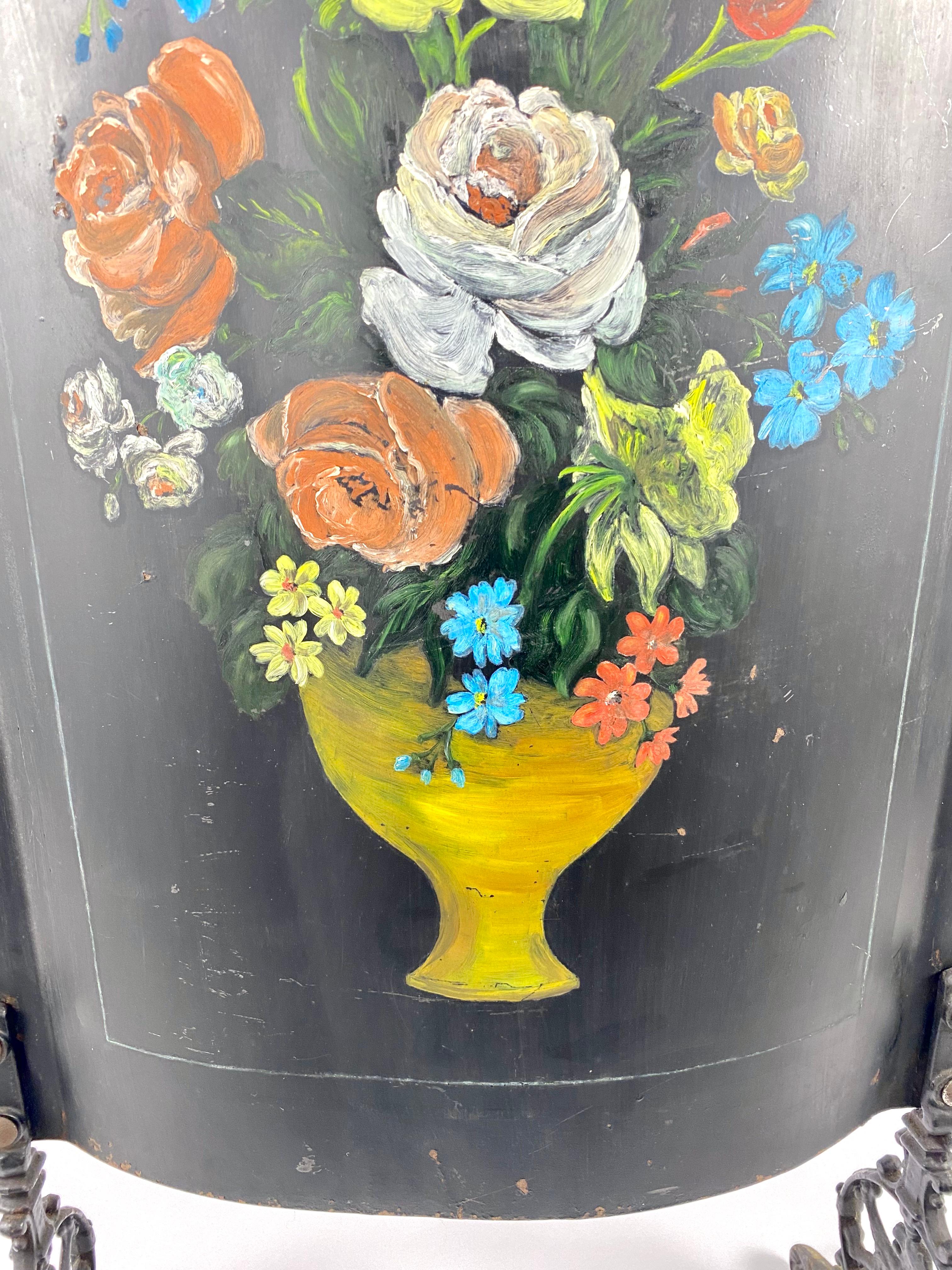 Antique Fire Screen Hand Painted Sheet Metal Spark Guard Hand Painted, France For Sale 2