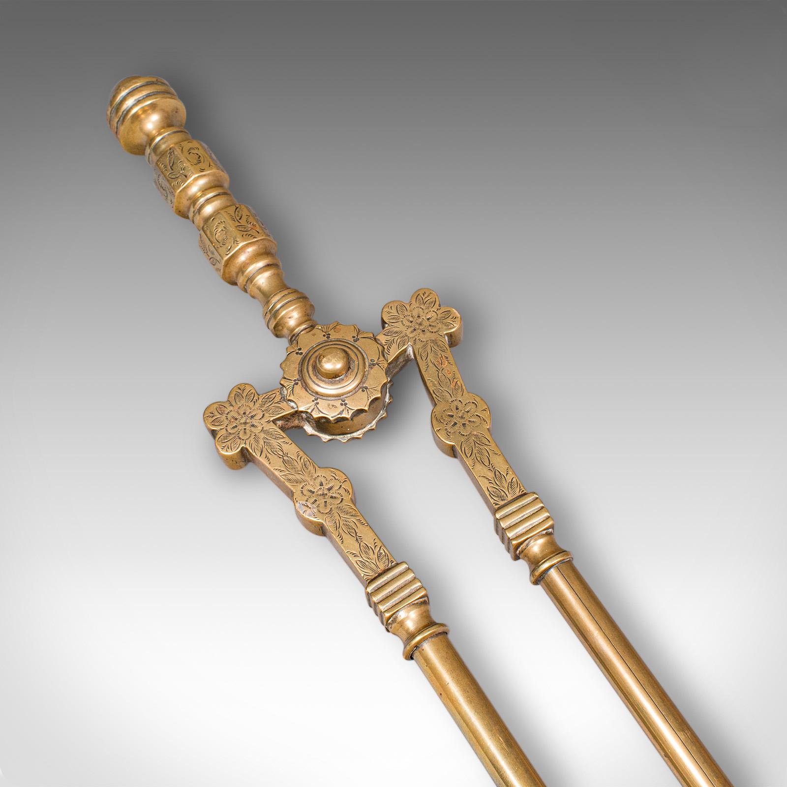 Antique Fire Tool Set, English, Brass, Shovel, Tongs, Poker, Victorian, C.1870 For Sale 3