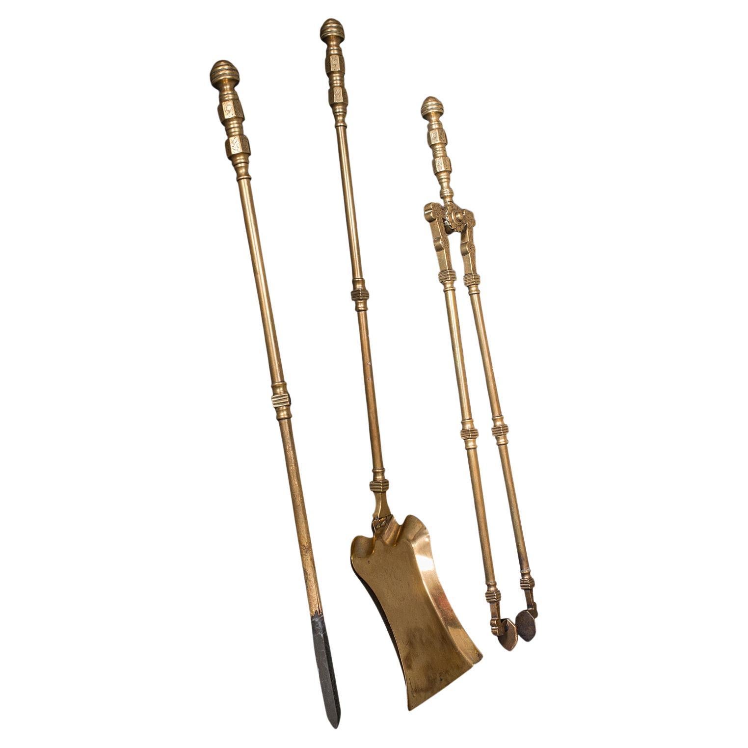 Antique Fire Tool Set, English, Brass, Shovel, Tongs, Poker, Victorian, C.1870