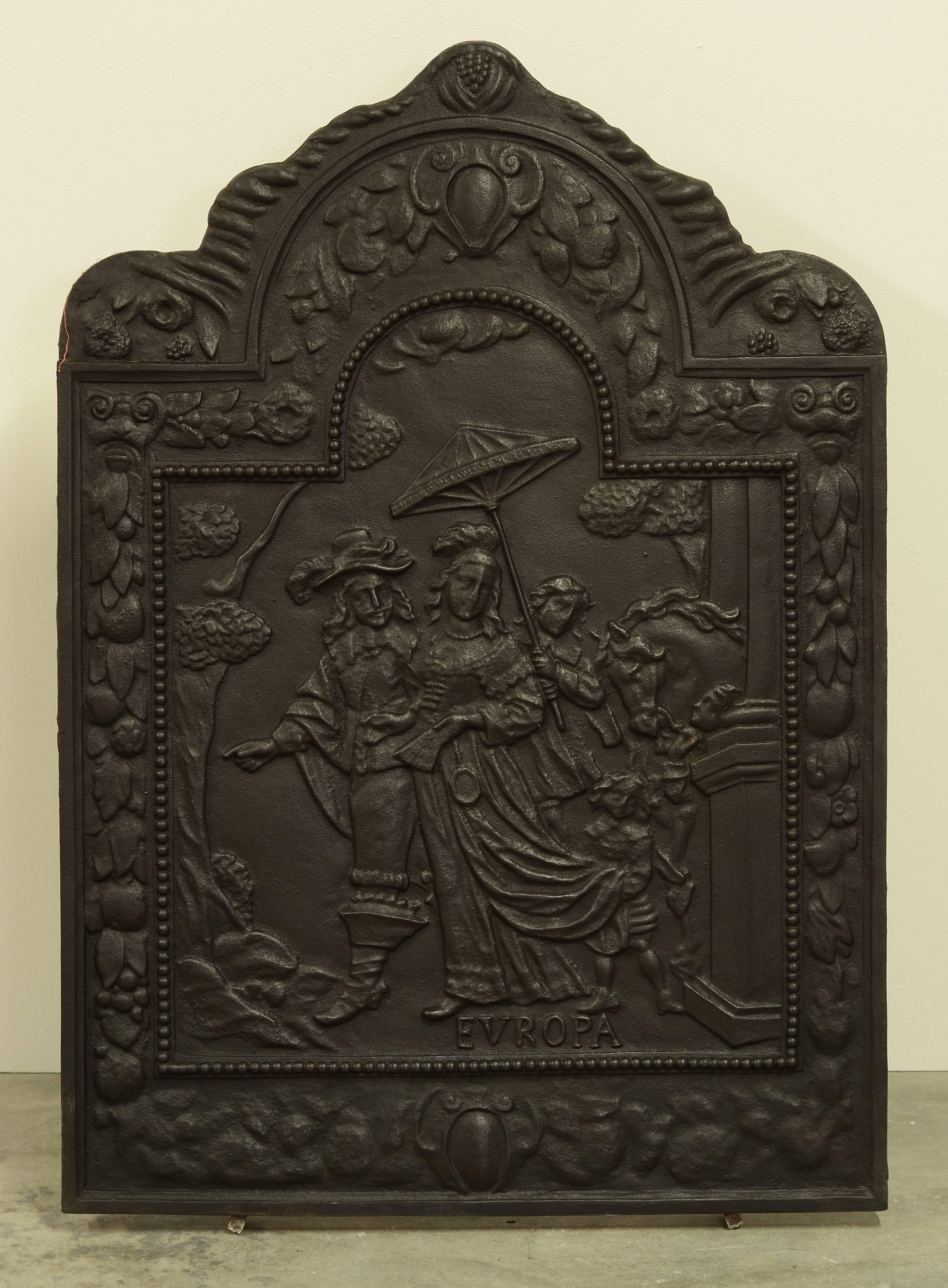 Very detailed 19th century cast iron fireback showing the abduction of 