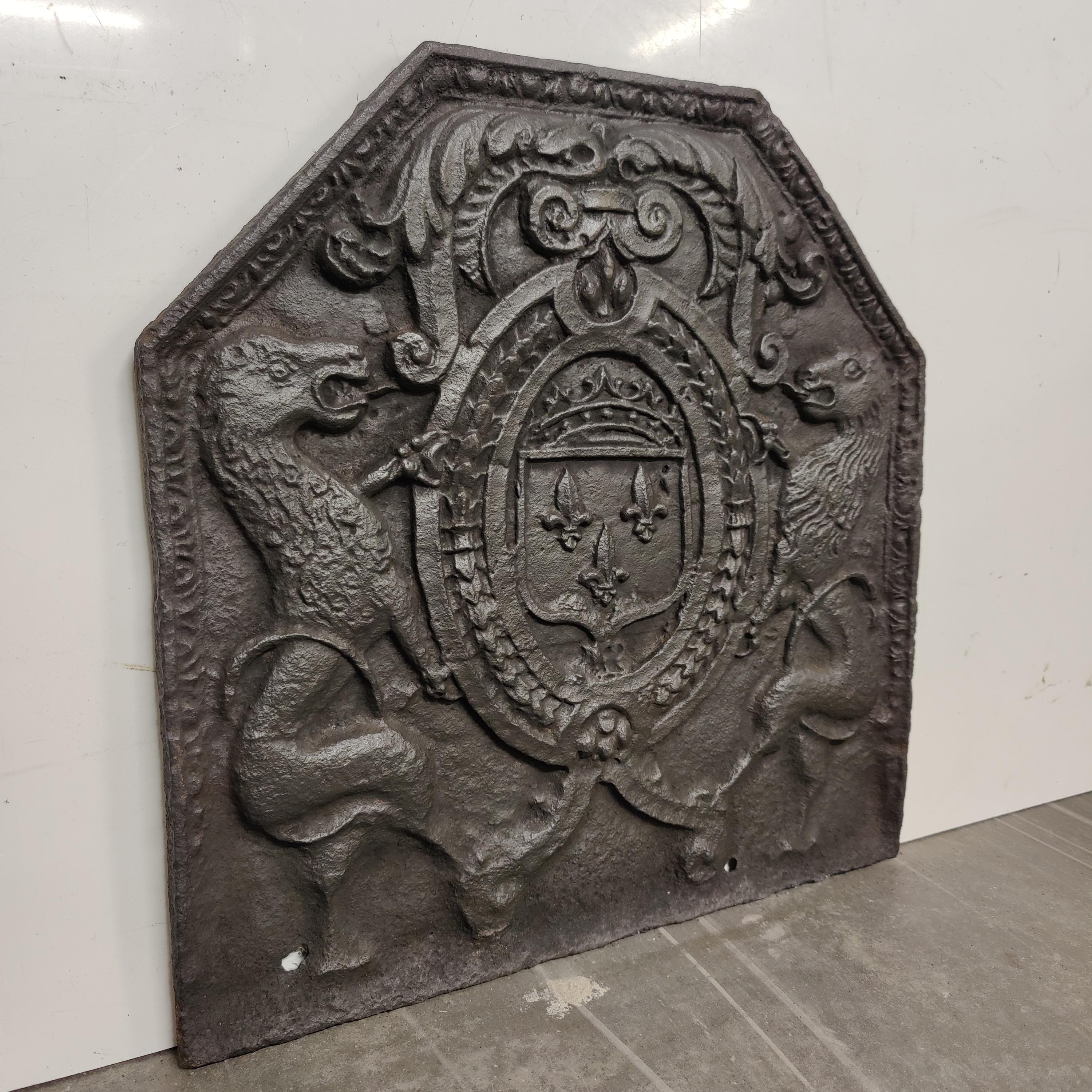 18th Century Antique Fireback / Backsplash, Coat of Arms Lions For Sale