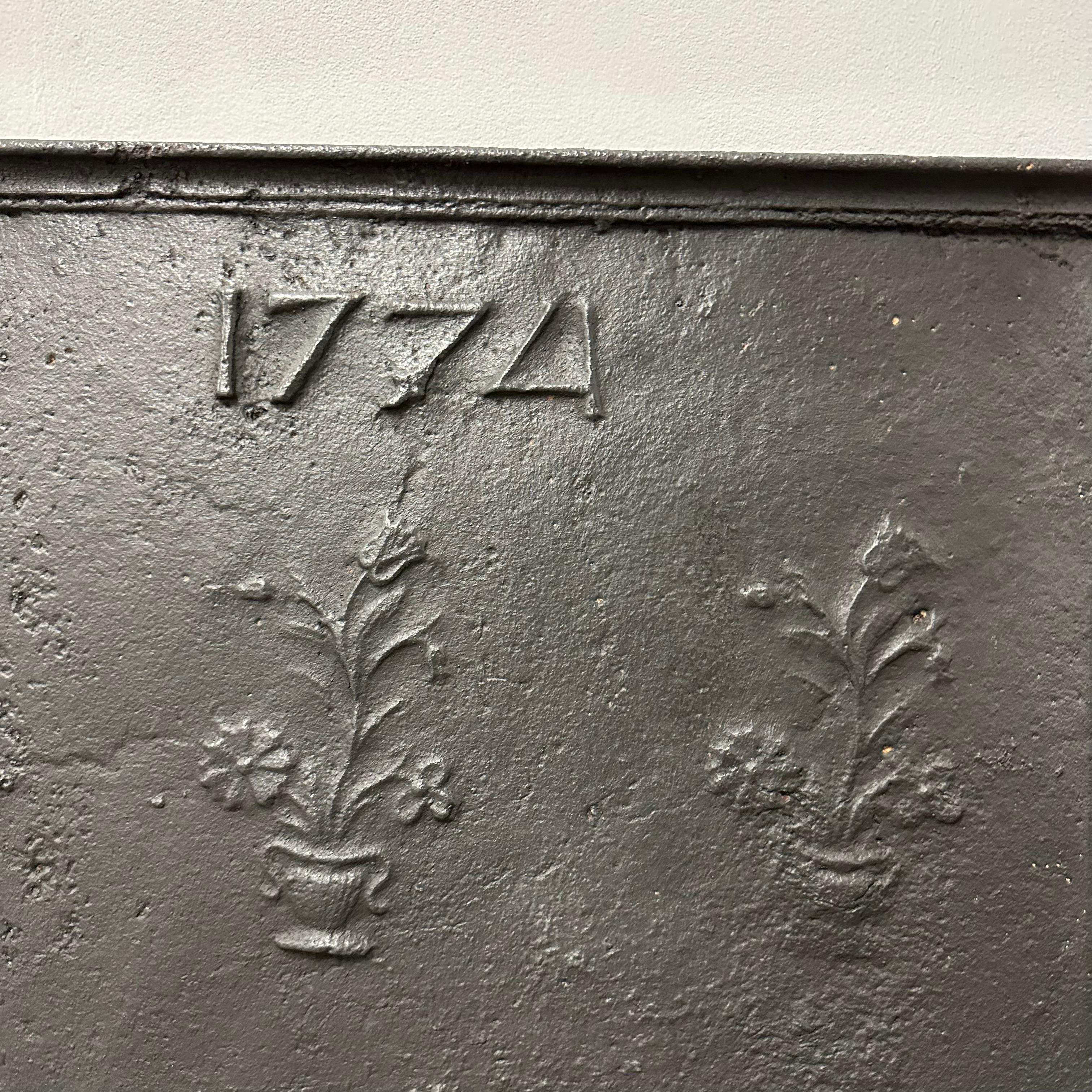 Cast Antique Fireback / Backsplash  Dated 1774 with Plants For Sale