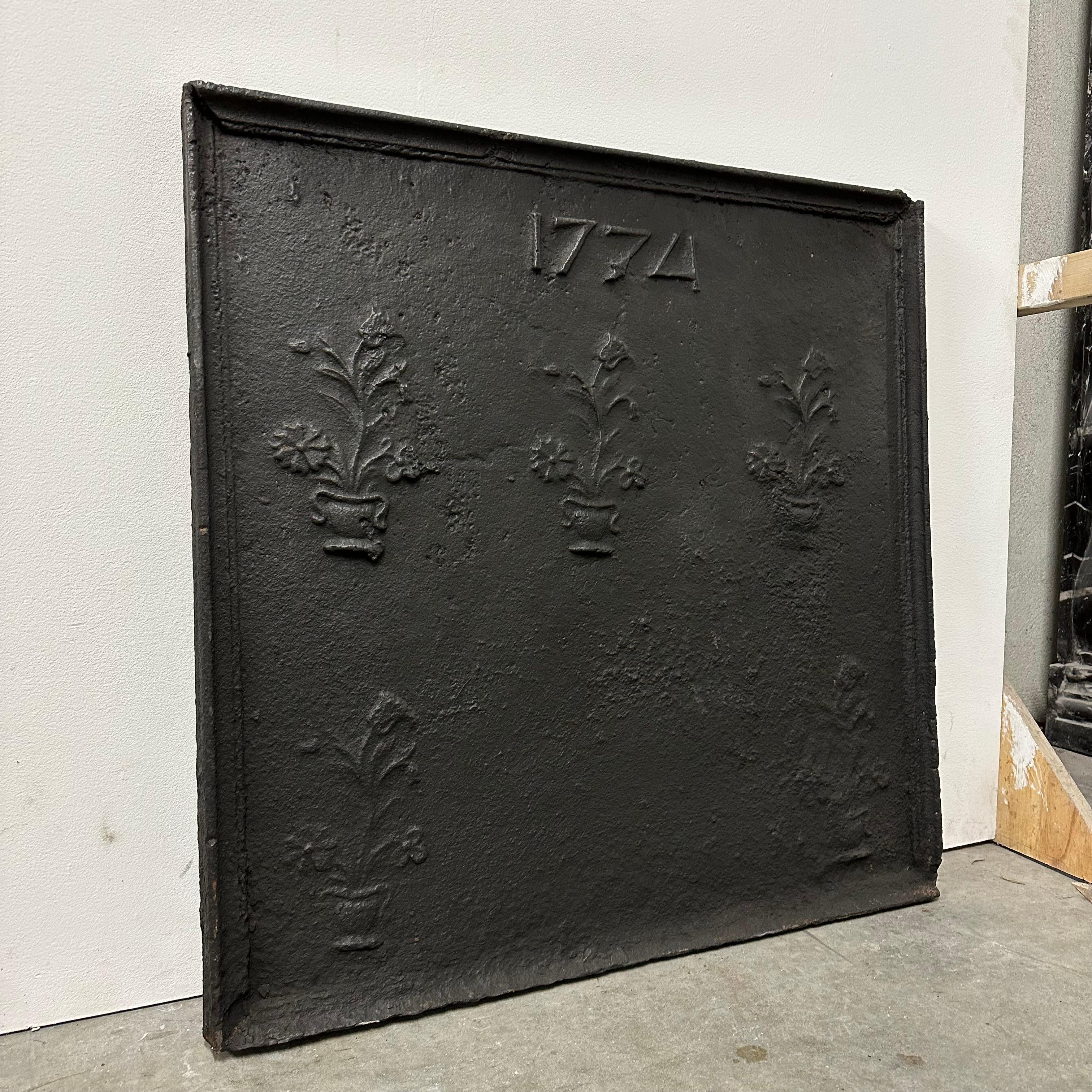 18th Century and Earlier Antique Fireback / Backsplash  Dated 1774 with Plants For Sale