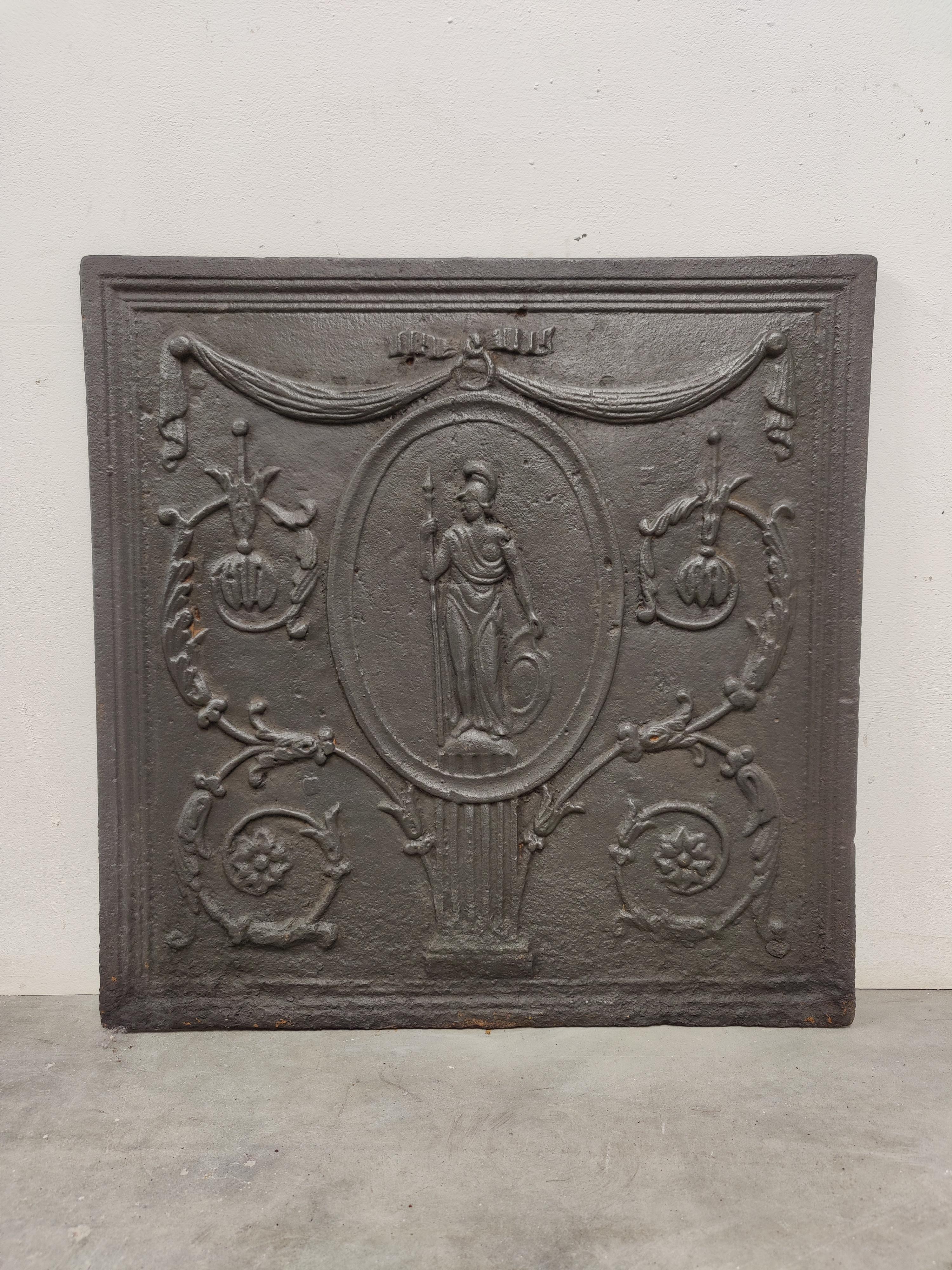 Antique fireback / backsplash, man with javelin.

Nice square cast iron antique fireback displaying a man holding a javelin.
Great condition, can be used in a real gas or log fire.
Very decorative piece.
51 lbs / 23 kg.

  
 