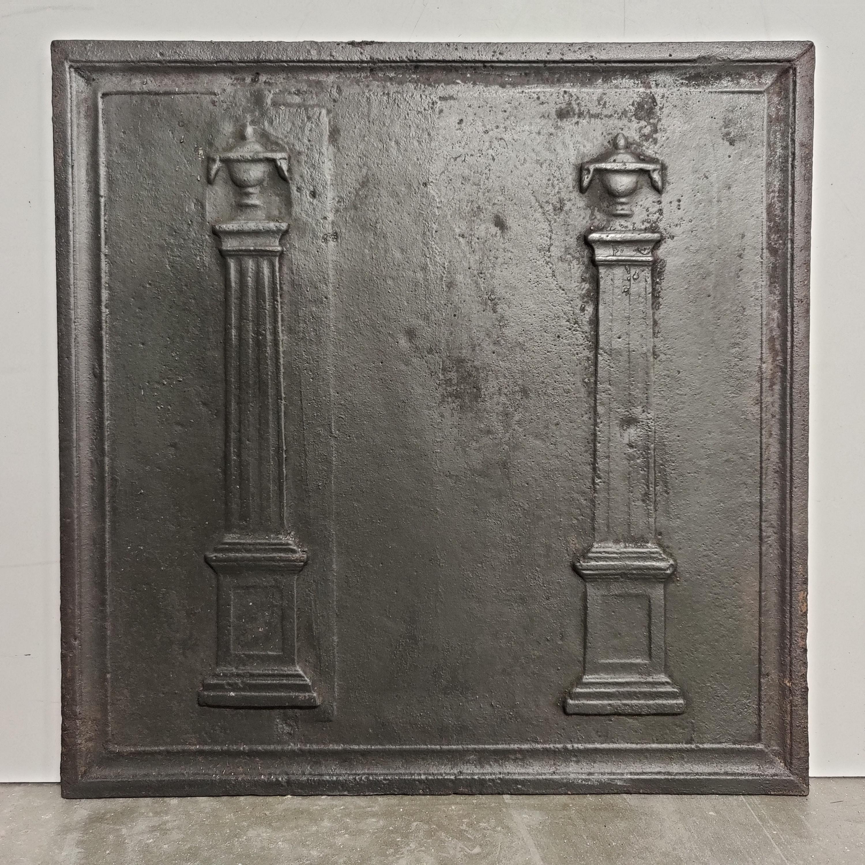 Antique Fireback / Backsplash, Pillars of Freedom.

Nice square cast iron antique fireback displaying the pillars of freedom.
A symbol for freedom during the French Revolution.
Great condition, can be used in a real gas or log fire.
Very