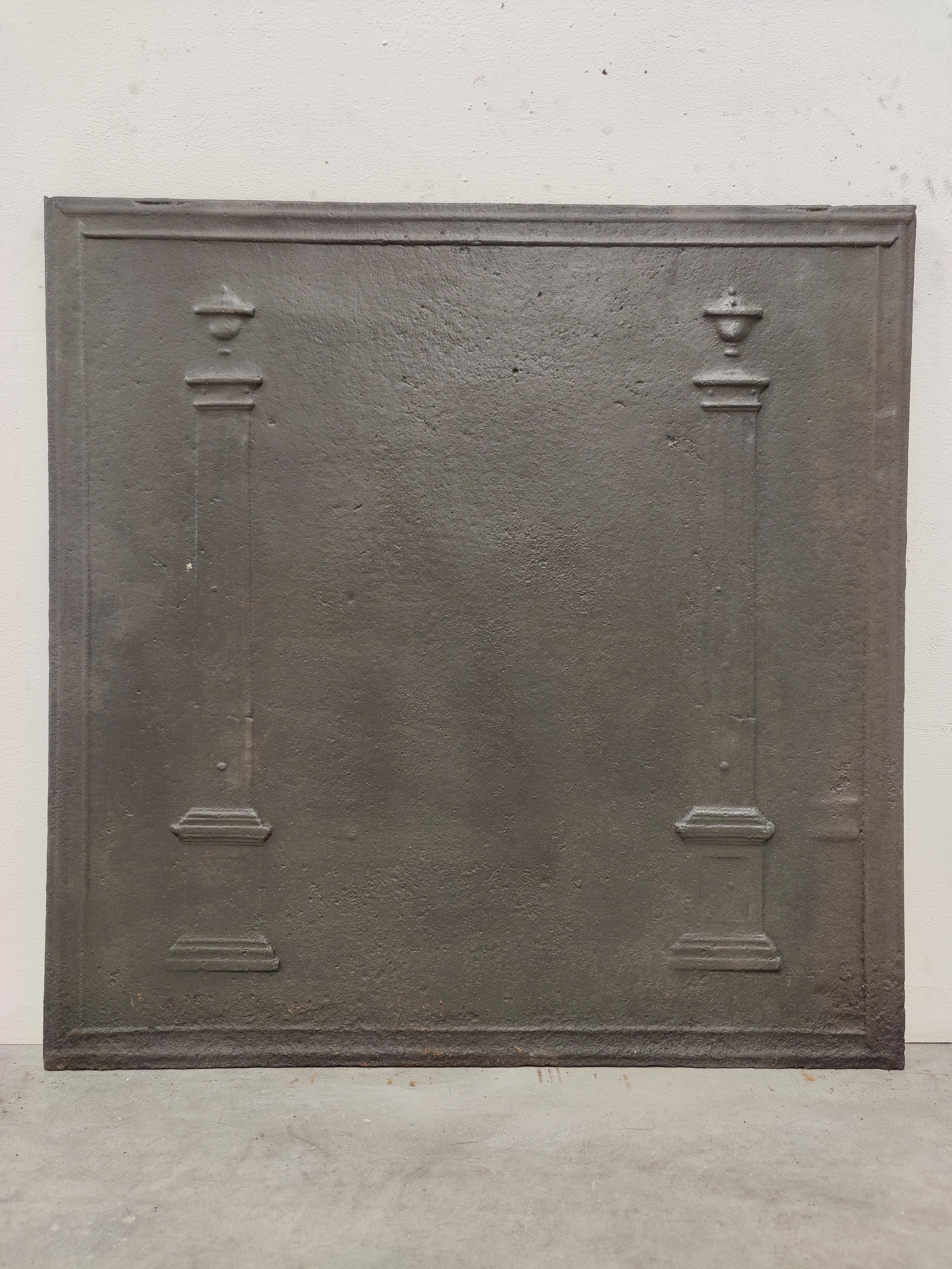 Antique fireback / backsplash, two mighty pillars.

Nice square cast iron antique fireback displaying two strong tall pillars.
Great condition, can be used in a real gas or log fire.
Very decorative piece.
67 lbs / 30 kg.


 