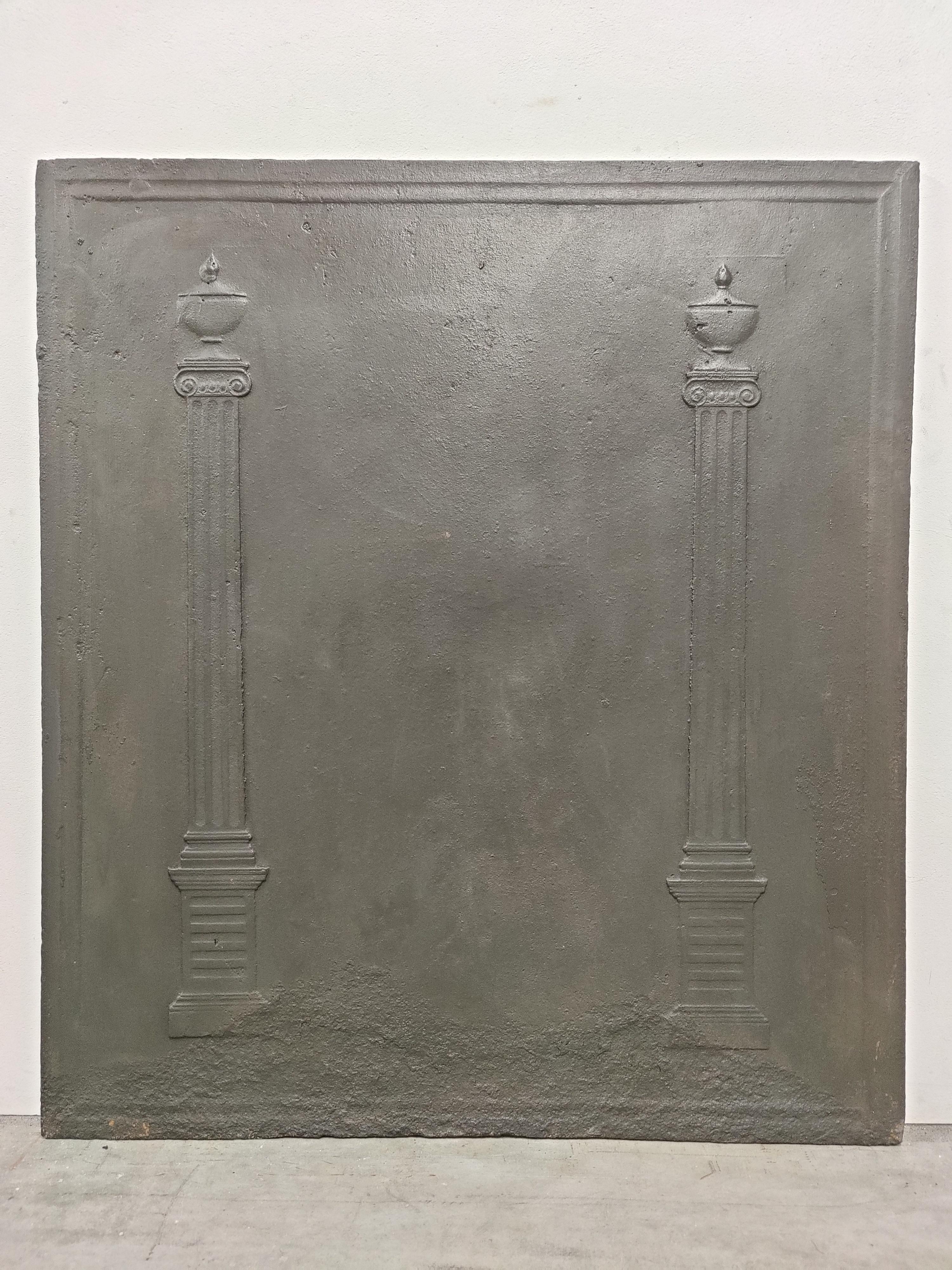 Antique fireback / backsplash, two tall pillars.

Nice massive cast iron antique fireback displaying two massive tall pillars.
Great condition, can be used in a real gas or log fire.
Very decorative piece.
146 lbs / 66 kg.

 
 