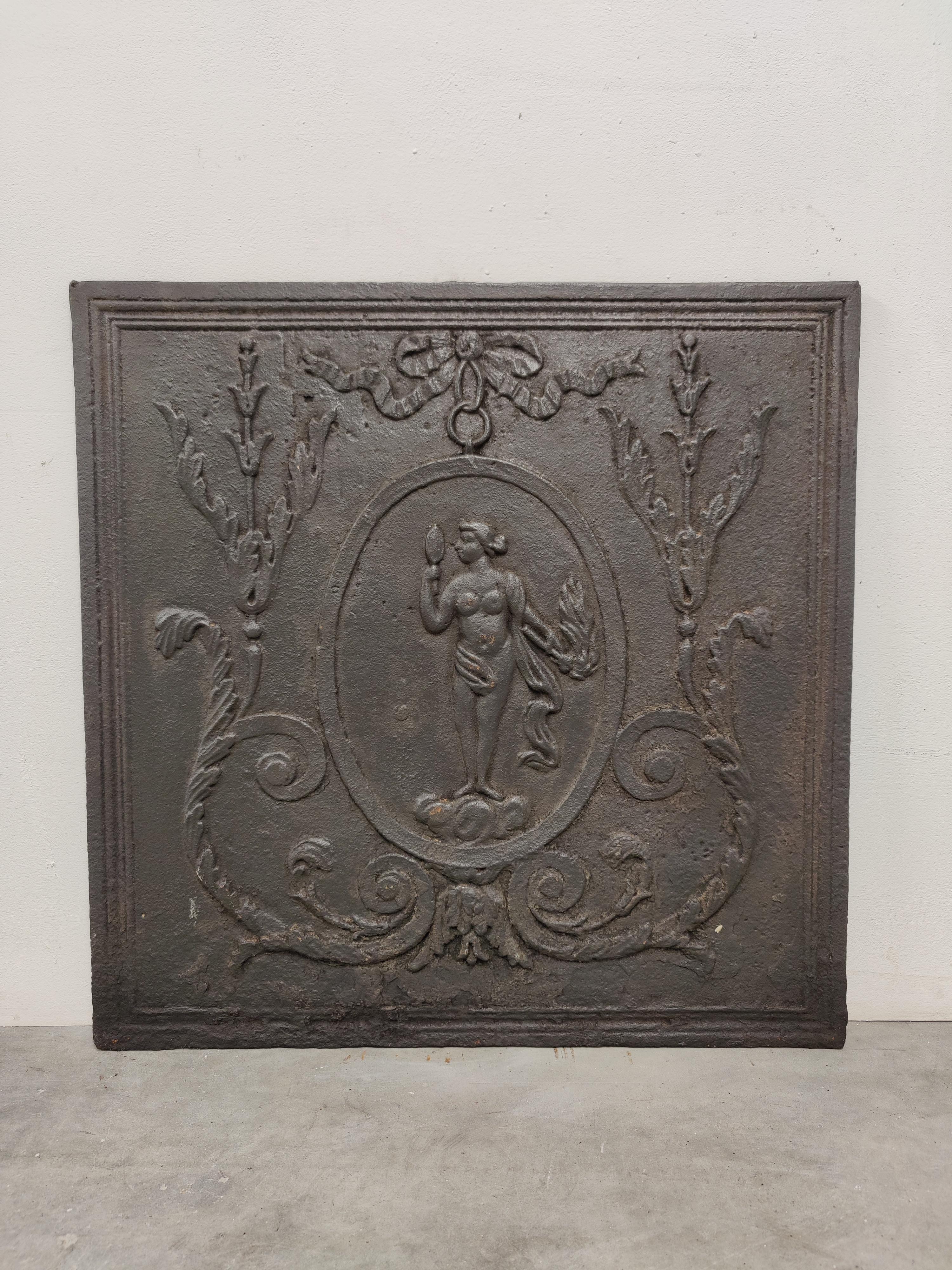 Antique fireback / backsplash showing a woman holding mirror.

Nice square cast iron antique fireback displaying a woman holding her mirror.
Great condition, can be used in a real gas or log fire.
Very decorative piece.
67 lbs / 30 kg.


 