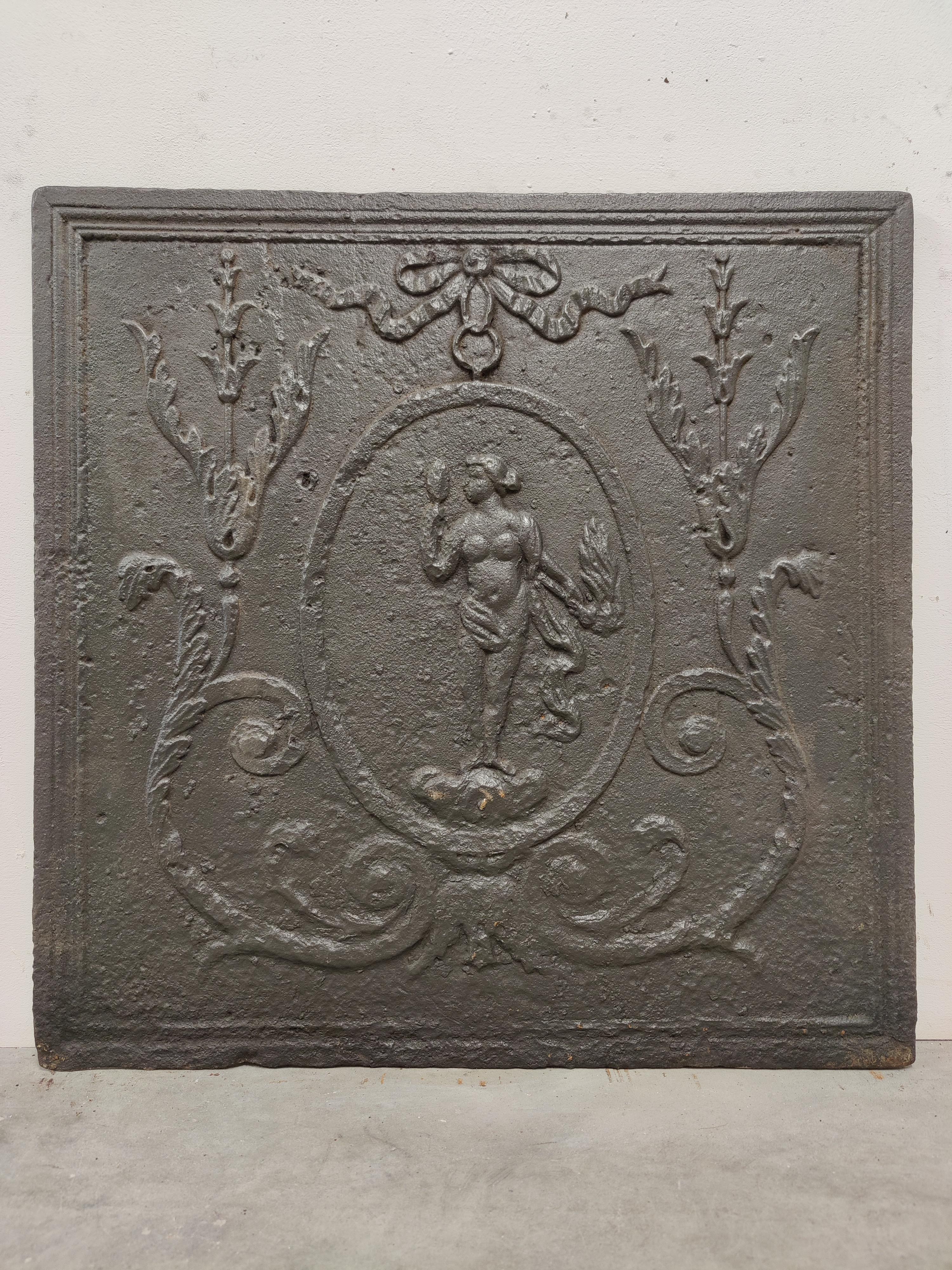 Antique fireback / backsplash, woman holding mirror.

Nice square cast iron antique fireback displaying a woman admiring herself in a mirror.
Great condition, can be used in a real gas or log fire.
Very decorative piece.
75 lbs / 34 kg.


 