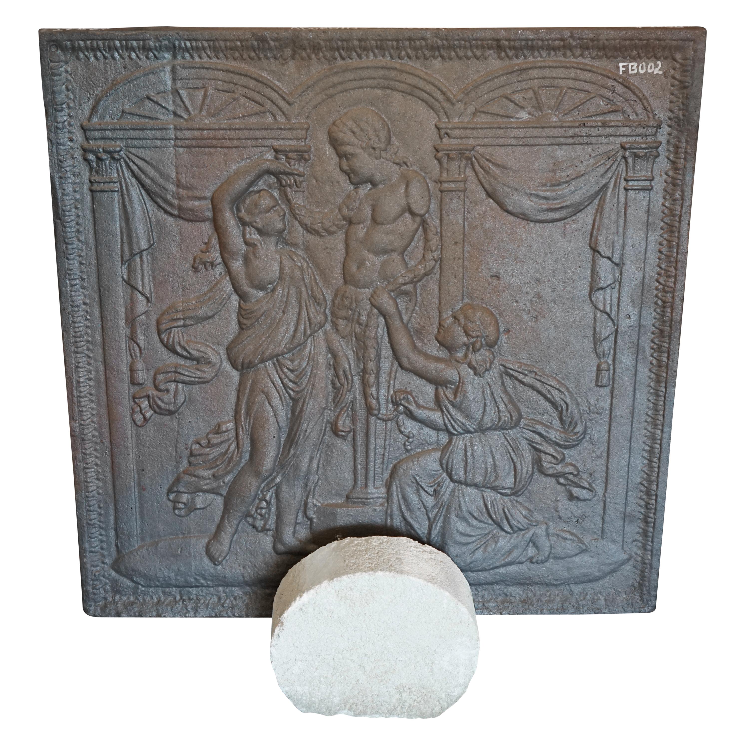 Antique Fireback Depicting Two Women Adorning Heroic Figure For Sale