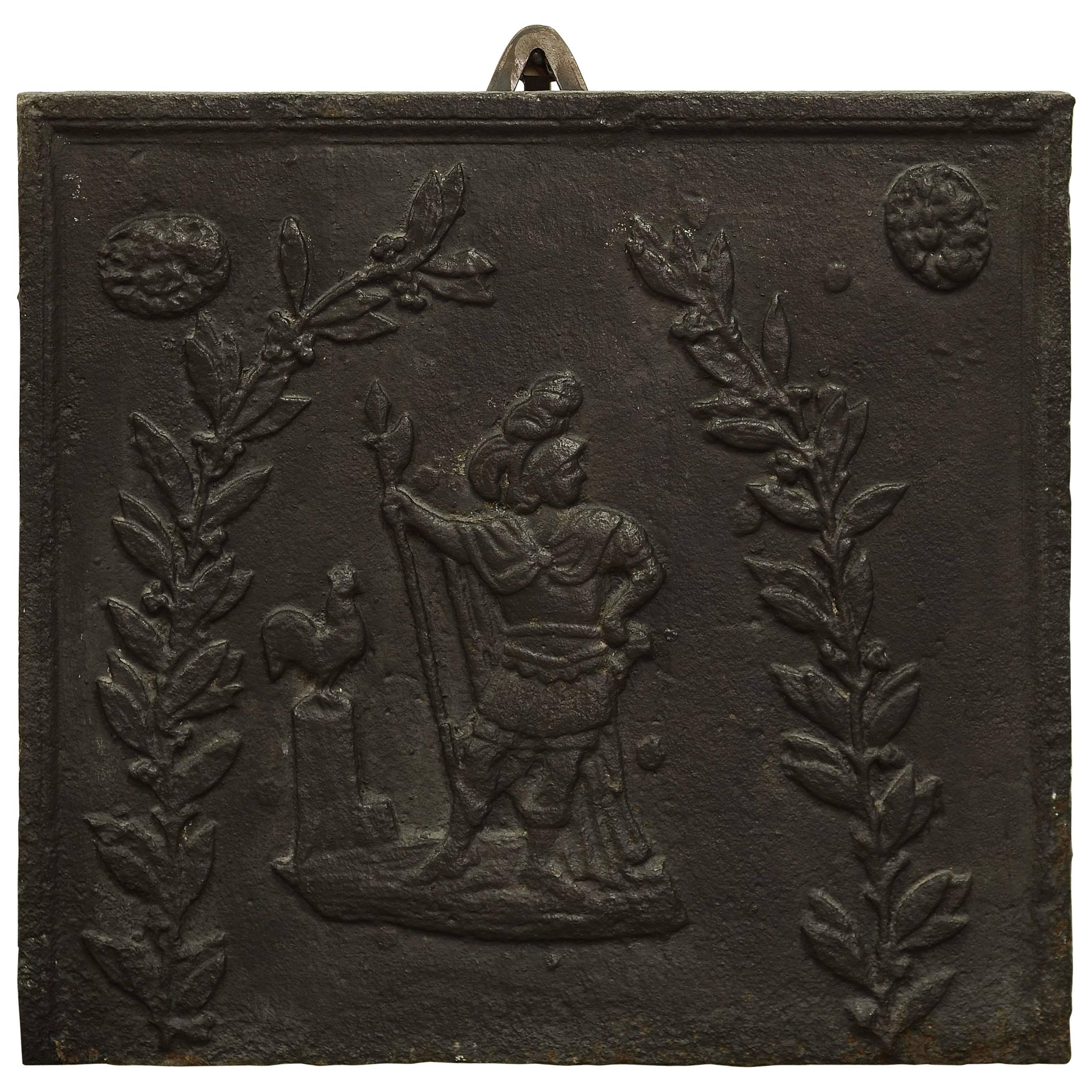 Plaque de cheminée ancienne ; soldat avec coq, 19ème siècle en vente