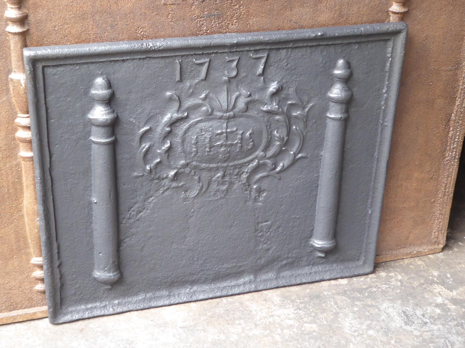 Louis XIV Antique Fireback with Medieval IHS Monogram, Dated 1737